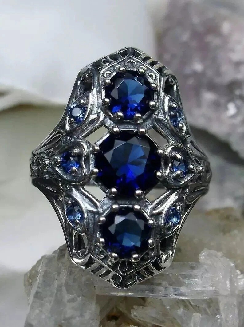 Art Deco 3.6Ct Blue Lab Created Sapphire Wedding 14K White Gold FN Filigree Ring
