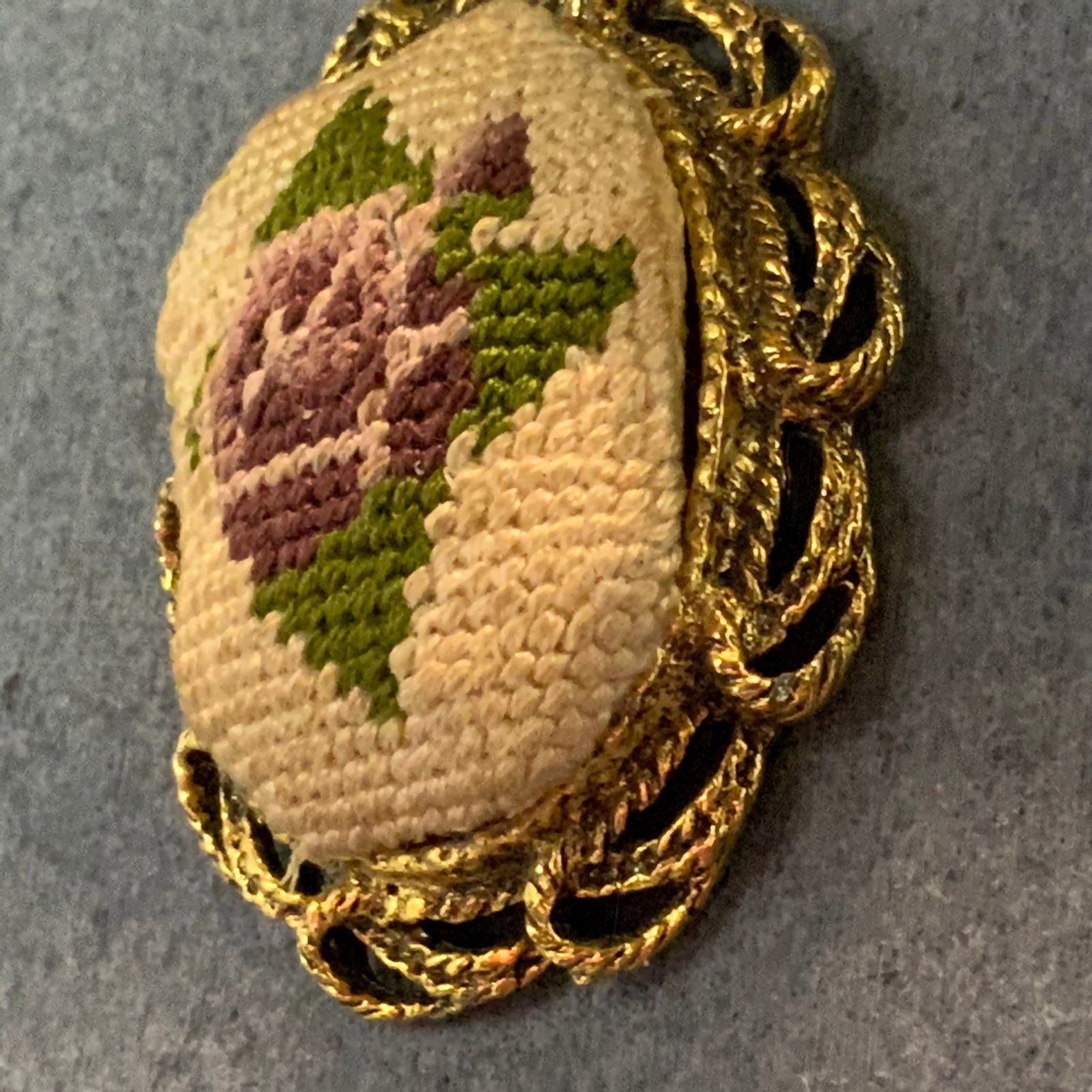 Vintage Needlepoint Mirror Pendant As Is Retro Gold Cream Purple Green Flower
