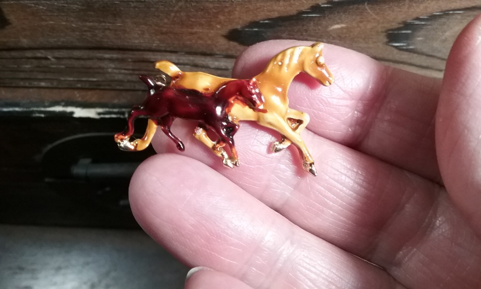 Vintage Enamel Mother & Foal Horses Equestrian Brooch