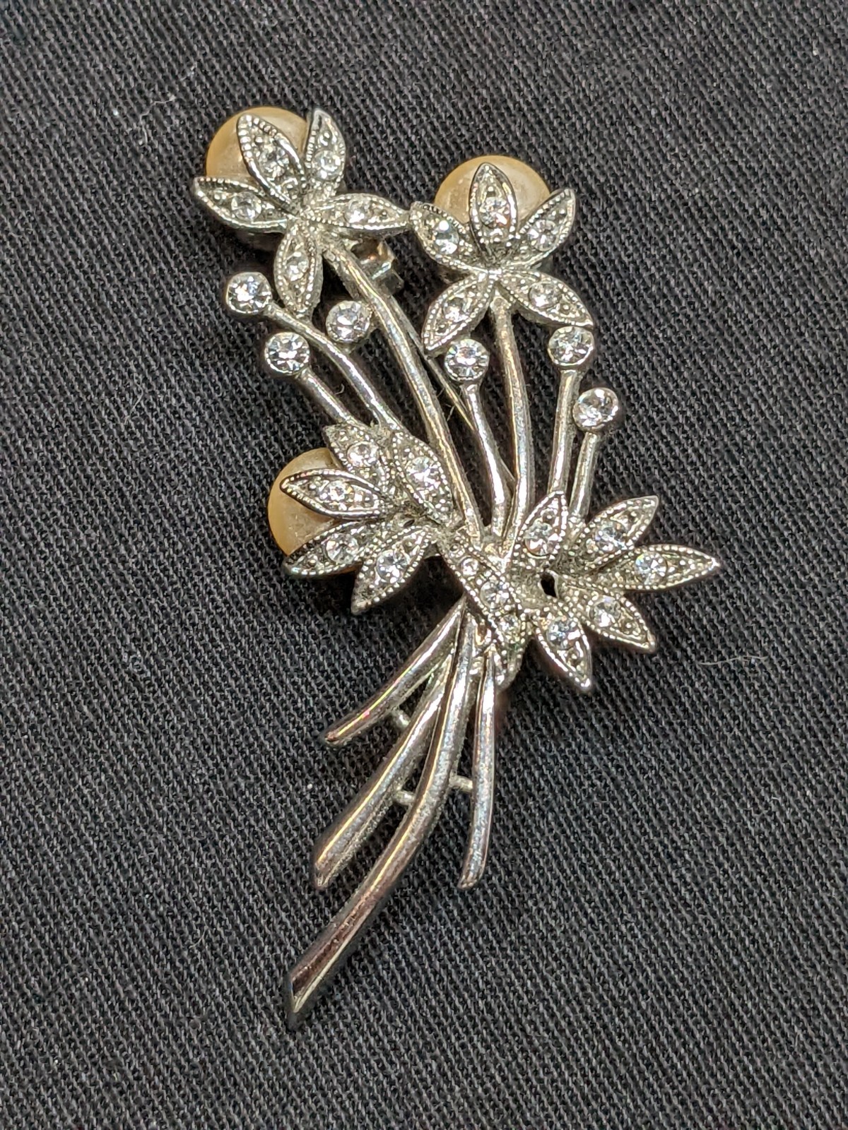Vintage Rhinestone Floral Spray Brooch Silver Tone Faux Pearl Flower Bouquet Pin