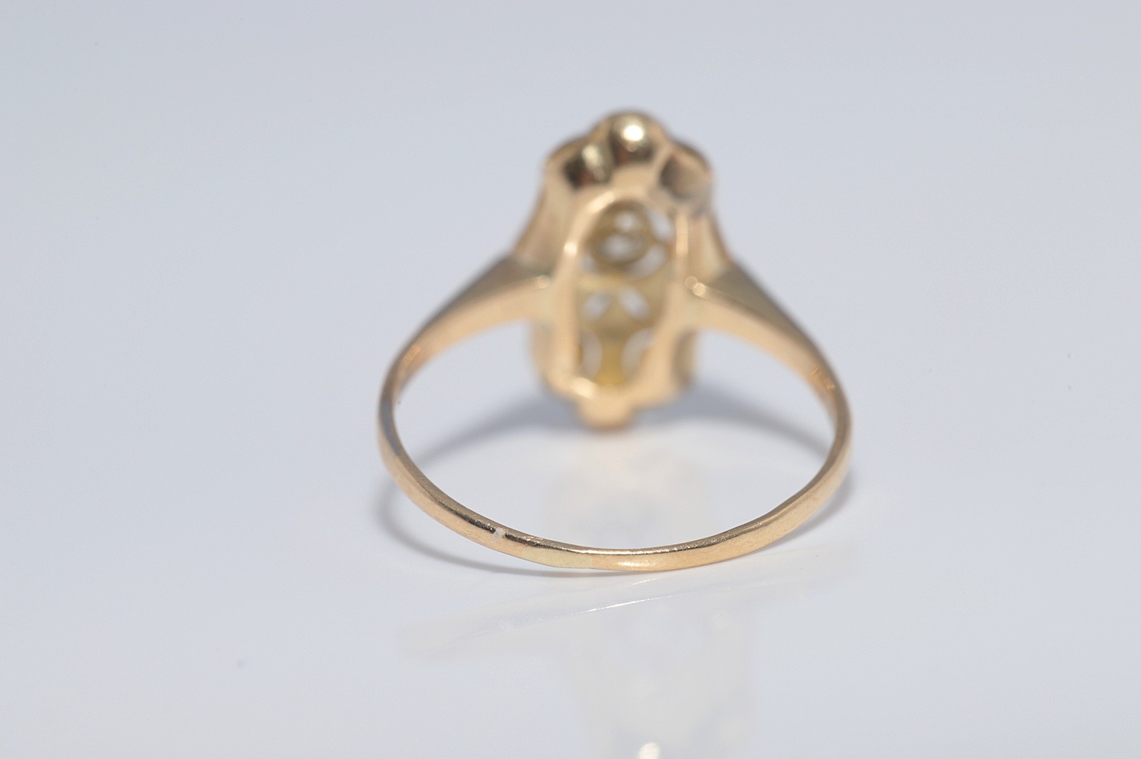 Antique Circa 1920s Art Deco 14k Gold Natural Diamond Decorated Navette Ring