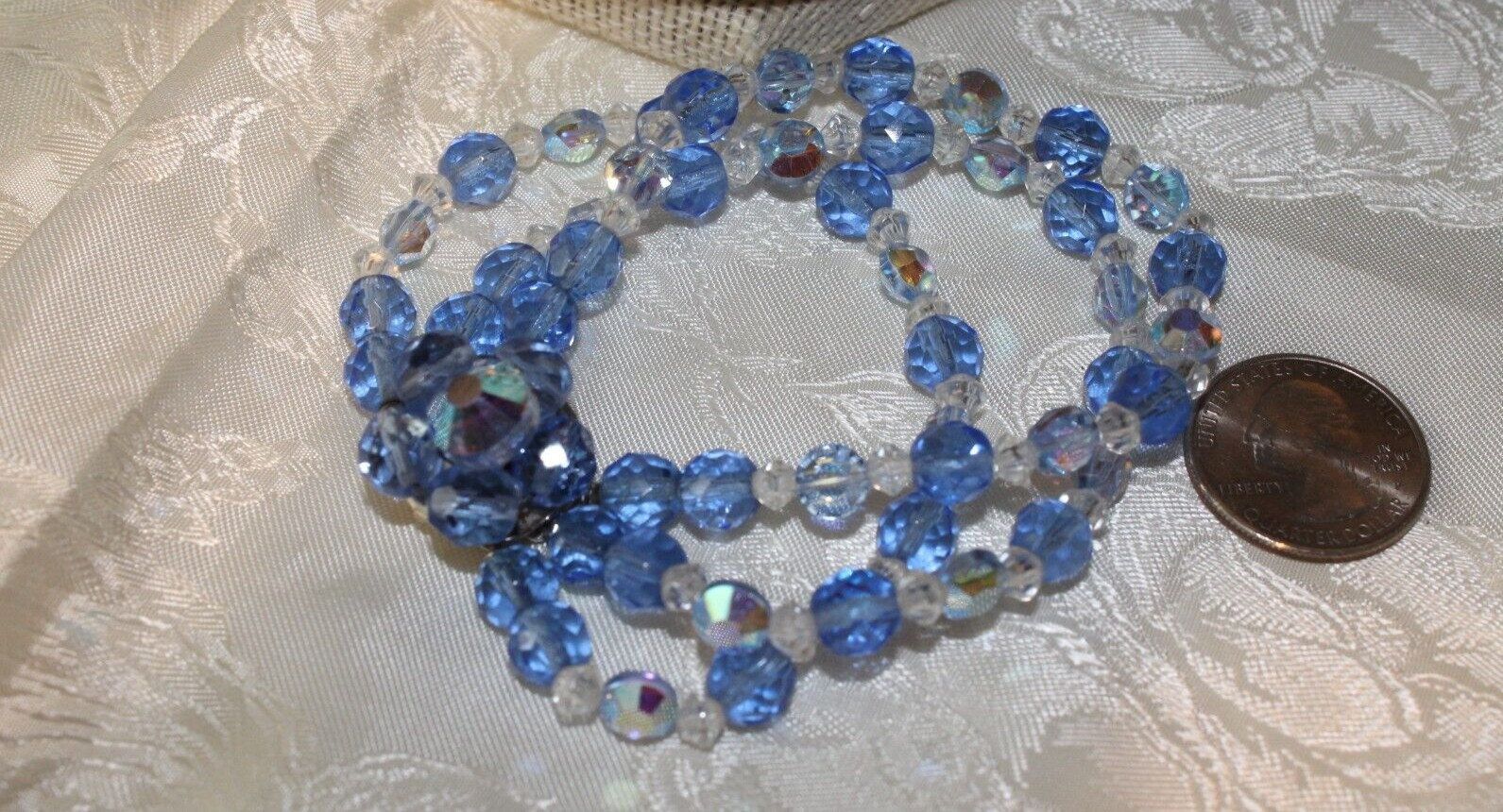VTG AB BLUE 2 STRAND FACTED GLASS BEAD NECKLACE, BRACLET&CLUSTER CLIPS