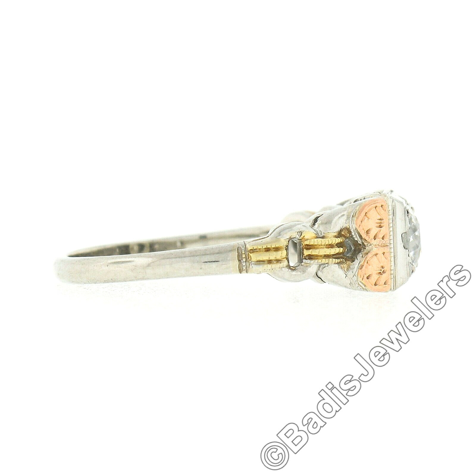 Antique 18k & 14k Gold .34ct Old European Diamond Detailed Sides Engagement Ring