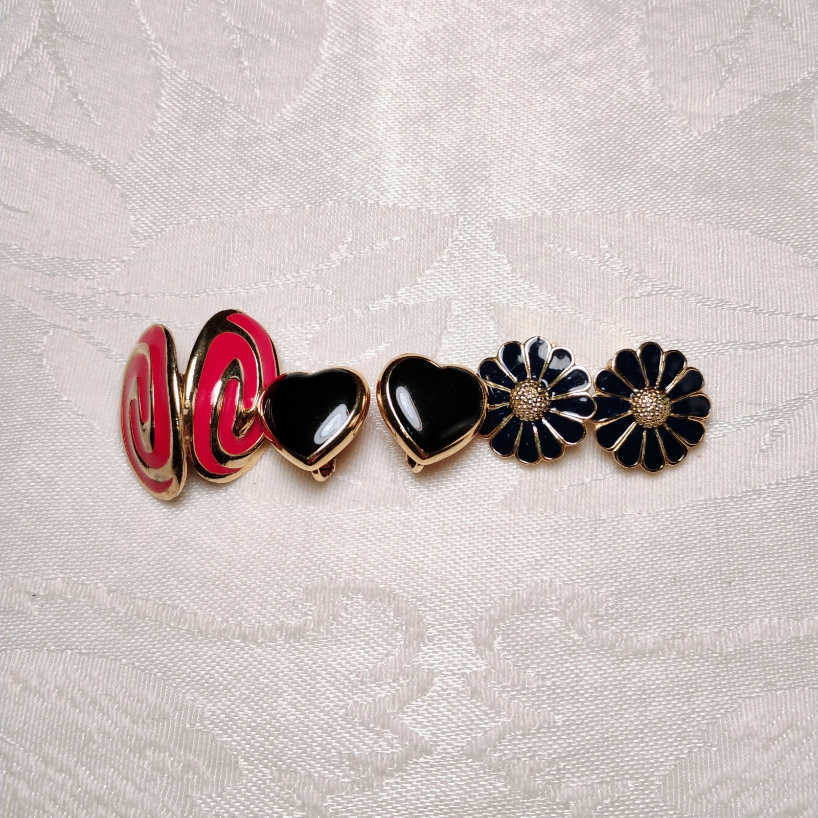 Lot of 3 Clip On Earrings Vintage 1980s Glamour Red, Hearts, Flowers Kitsch Cute