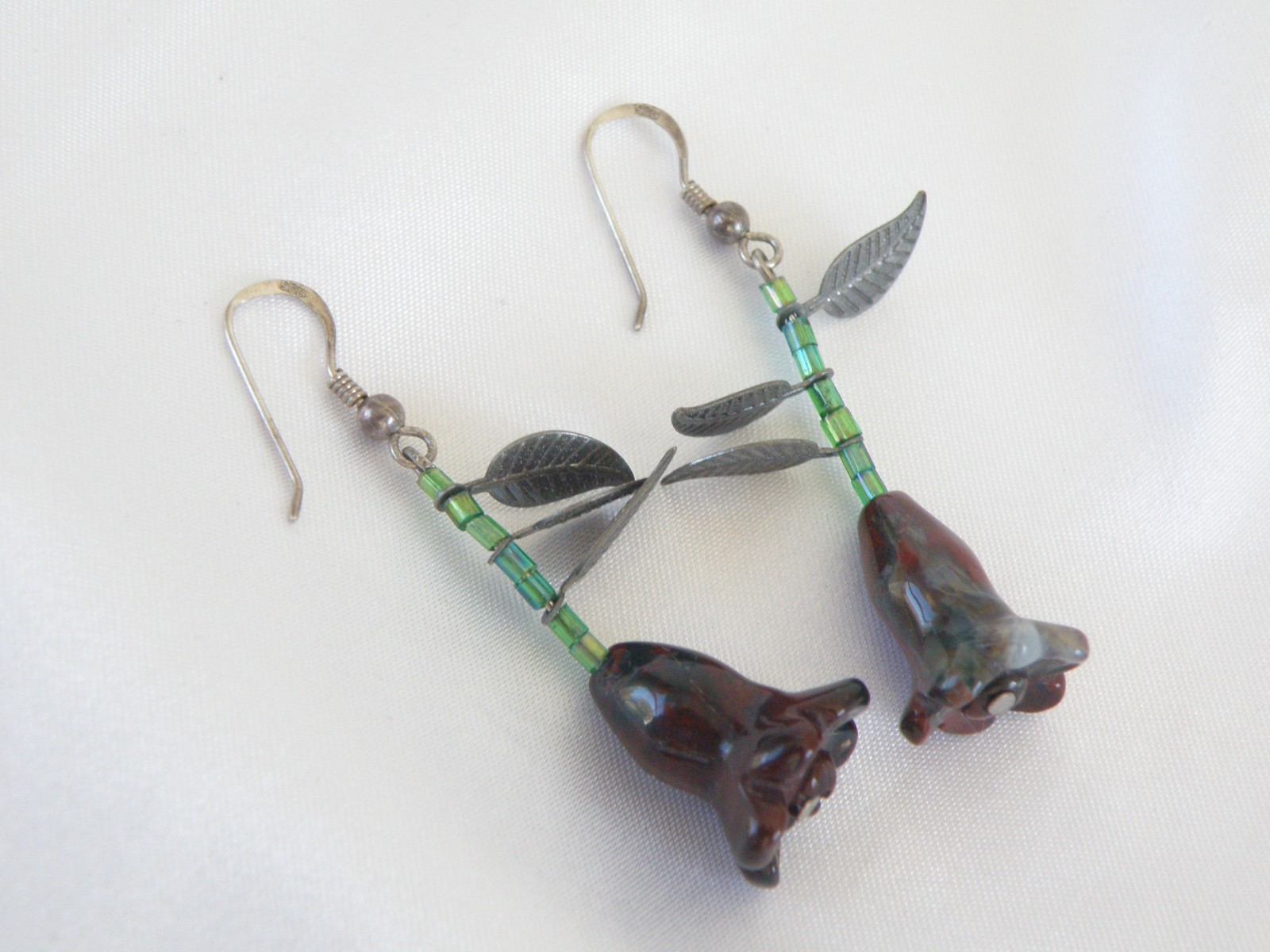 Vintage Sterling Silver 925 Artisan Tulip Flower Carved Stone Dangle Earrings