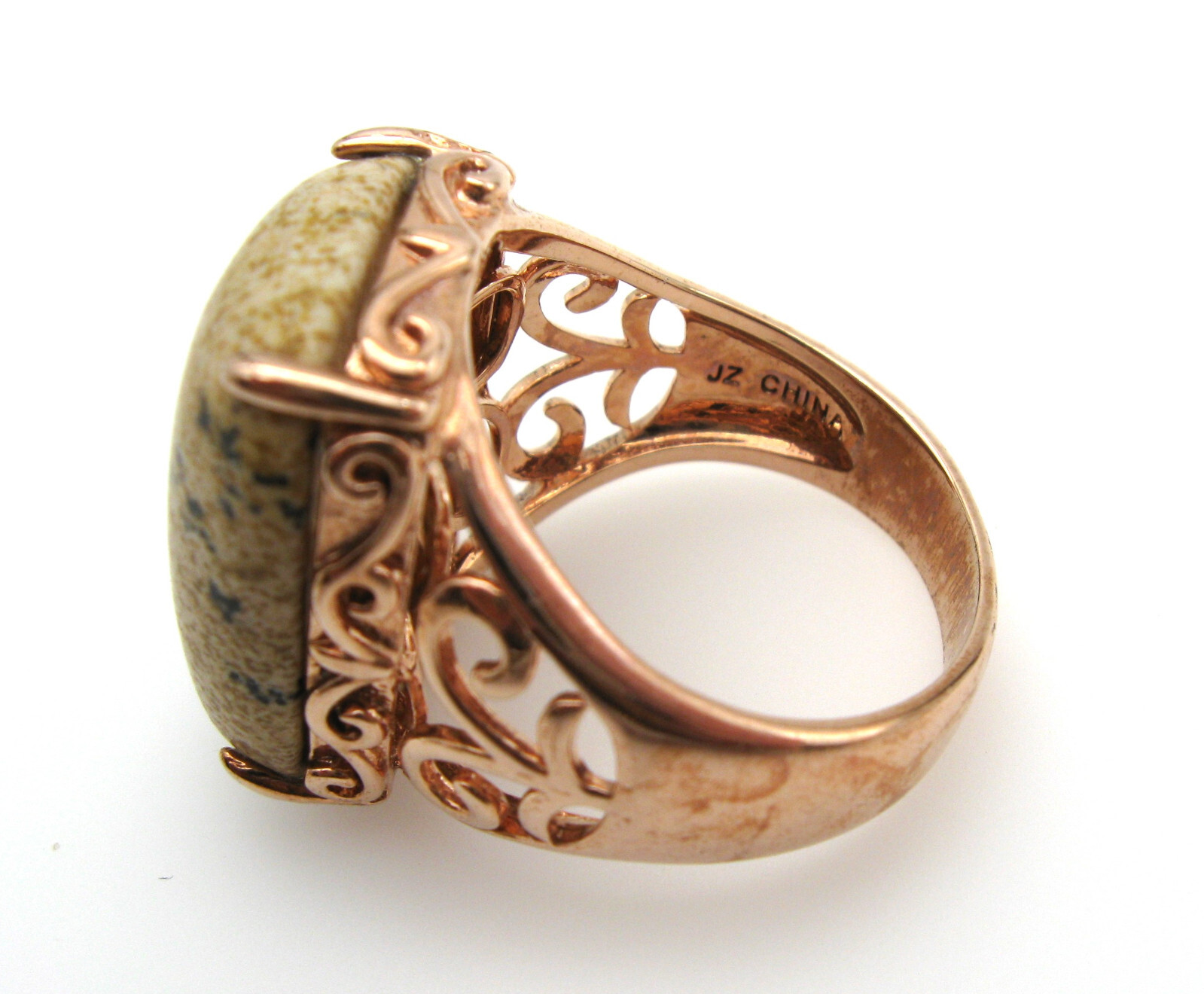 Vintage Jasper Stone Filigree Rose Gold Plated Ring Signed JZ Size 8