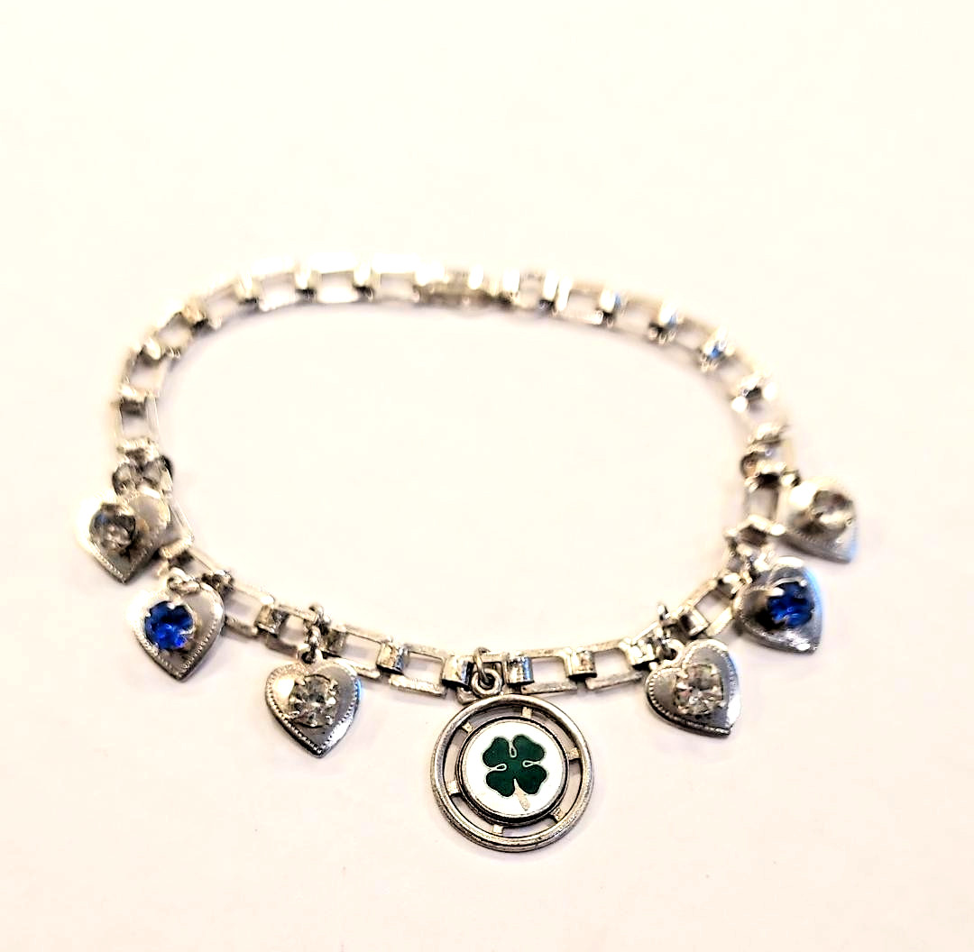 Vtg Sterling Silver Shamrock Bracelet w/Gem Heart Charms Double Flower Box Lock