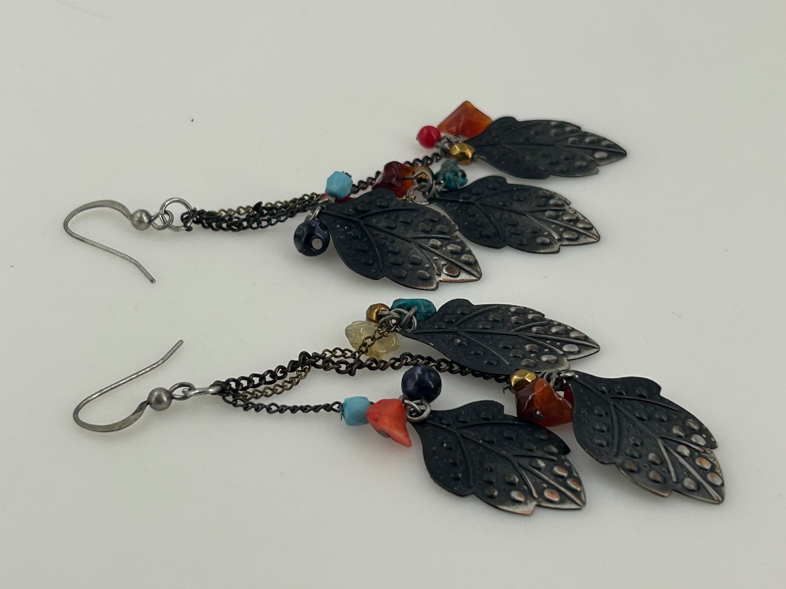 Oxidized Silver Tone Dangle Drop Earrings 3.5″ Leaf Charms Multi-Color Beads