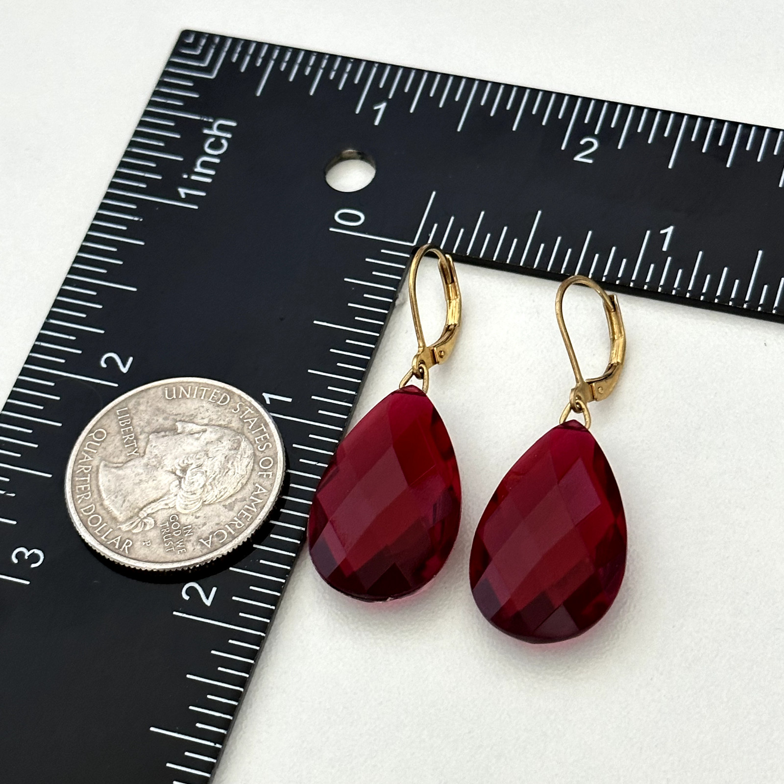 Vintage Joan Rivers Red Acrylic Faceted Crystal Gold Tone Leverback Earrings