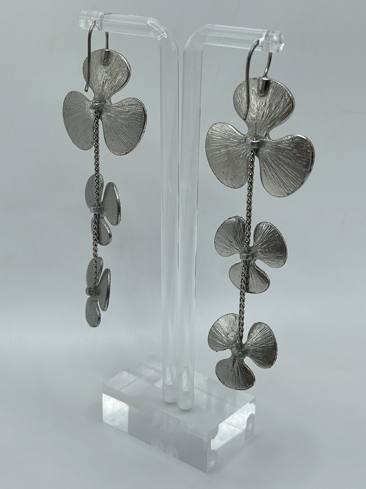 Modernist Brushed Silver Poppy Flower Illusion Dangle Earrings Statement