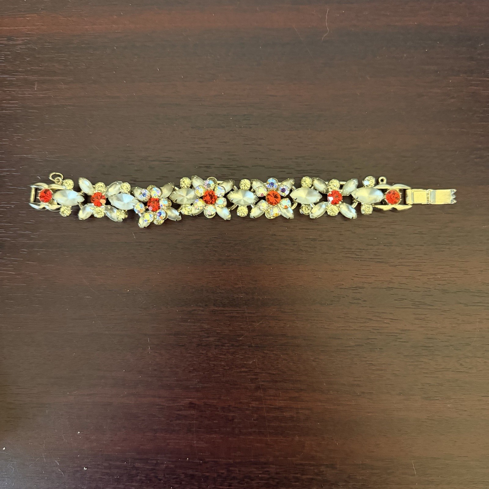 Vintage Juliana D&E Bracelet Frosted White Satin Glass Electric Orange Red AB