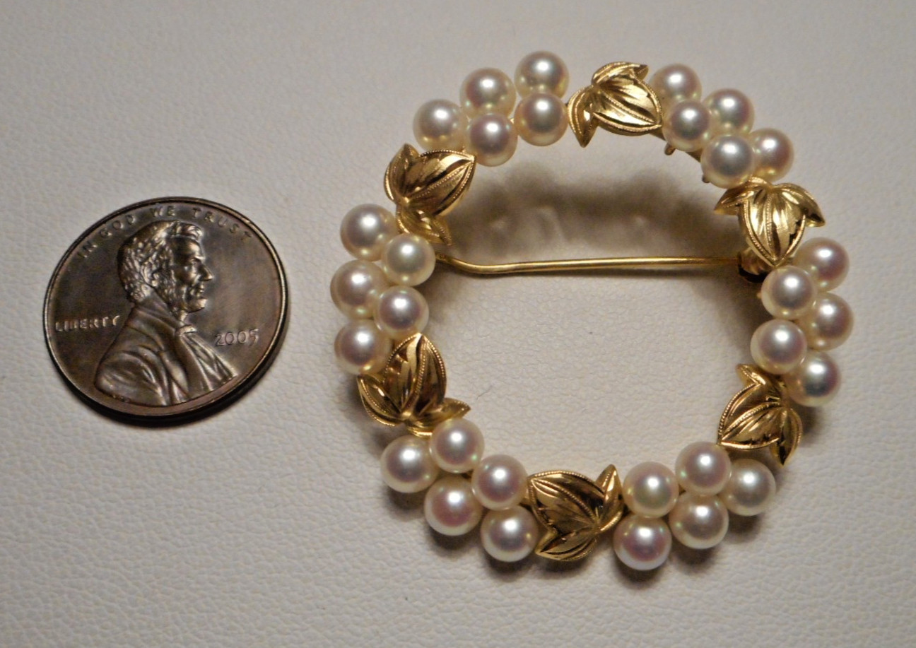 Early Signed K Mikimoto Tokyo 14K Gold Cultured Pearl Leafy Circle Brooch 10.4g
