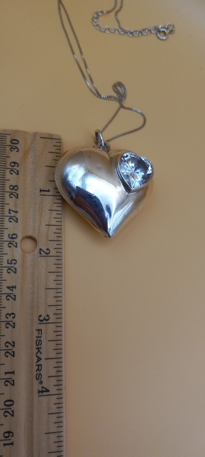 Vintage Sterling Silver 20in Box Necklace W/big Puff Heart W/big Cubic Zirconia