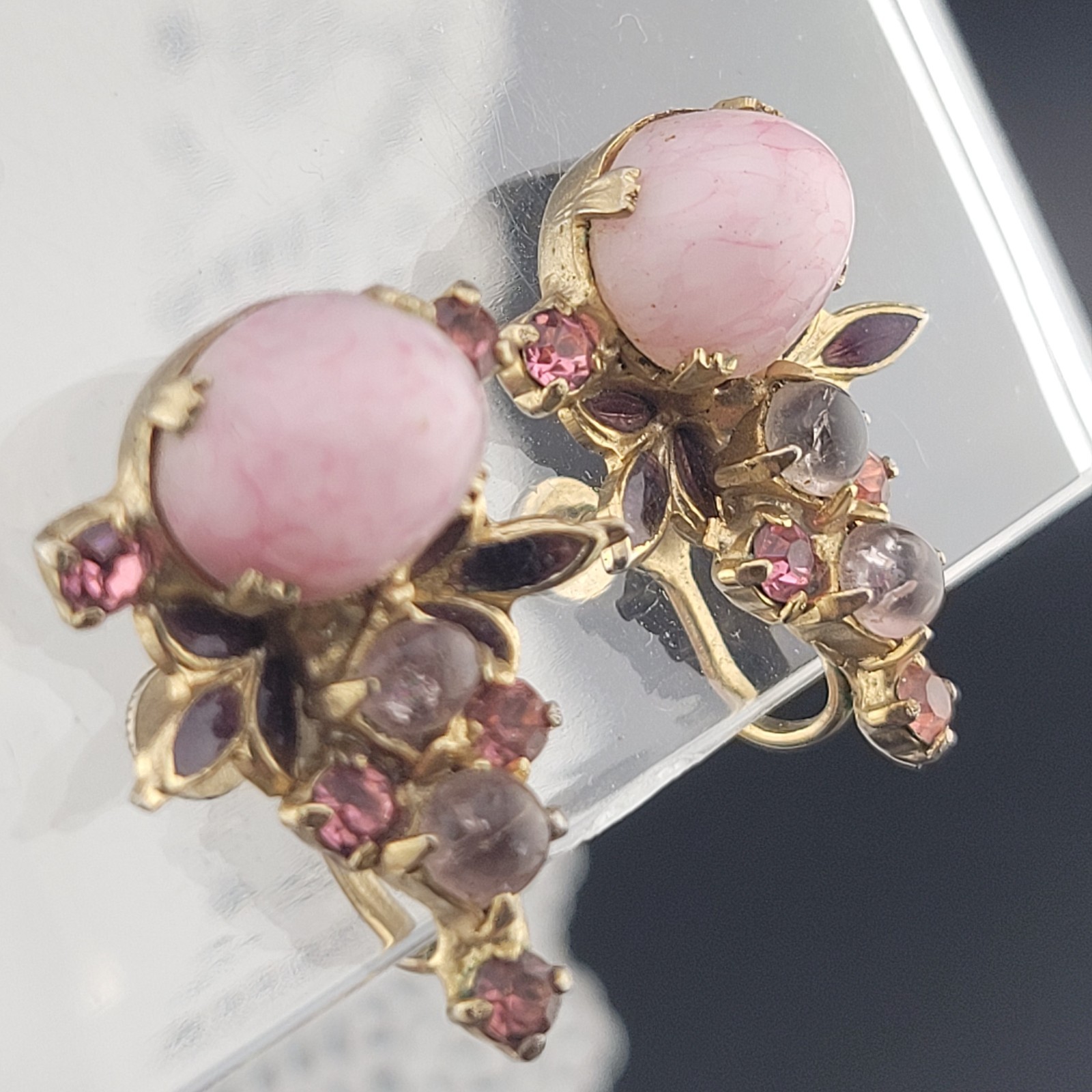 Victorian Pink Molded Glass Gripoix Cabochon Purple Enamel Screw Earrings 1 1/8″