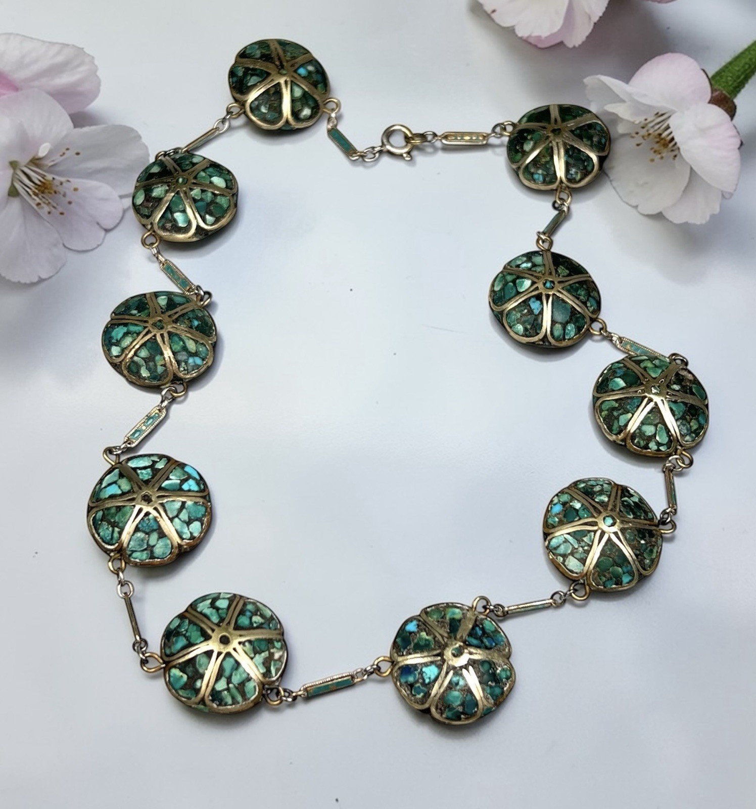 Kashmiri Tibetan Turquoise Chip Mosaic Inlay Necklace Flower Medallions 18” Atq