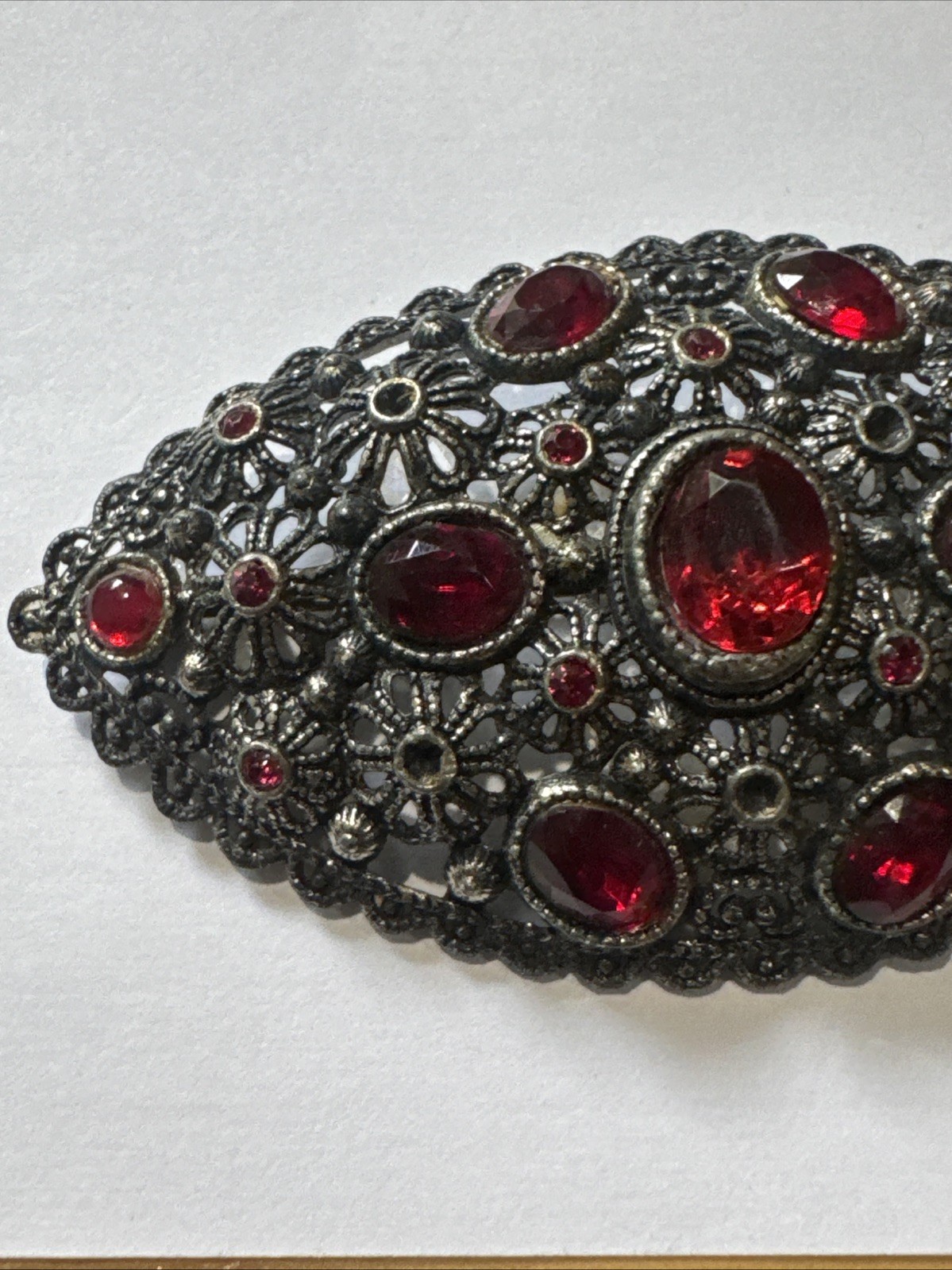 Antique New England NE Glass Works Large Brooch Red Rhinestone Floral Filigree3”