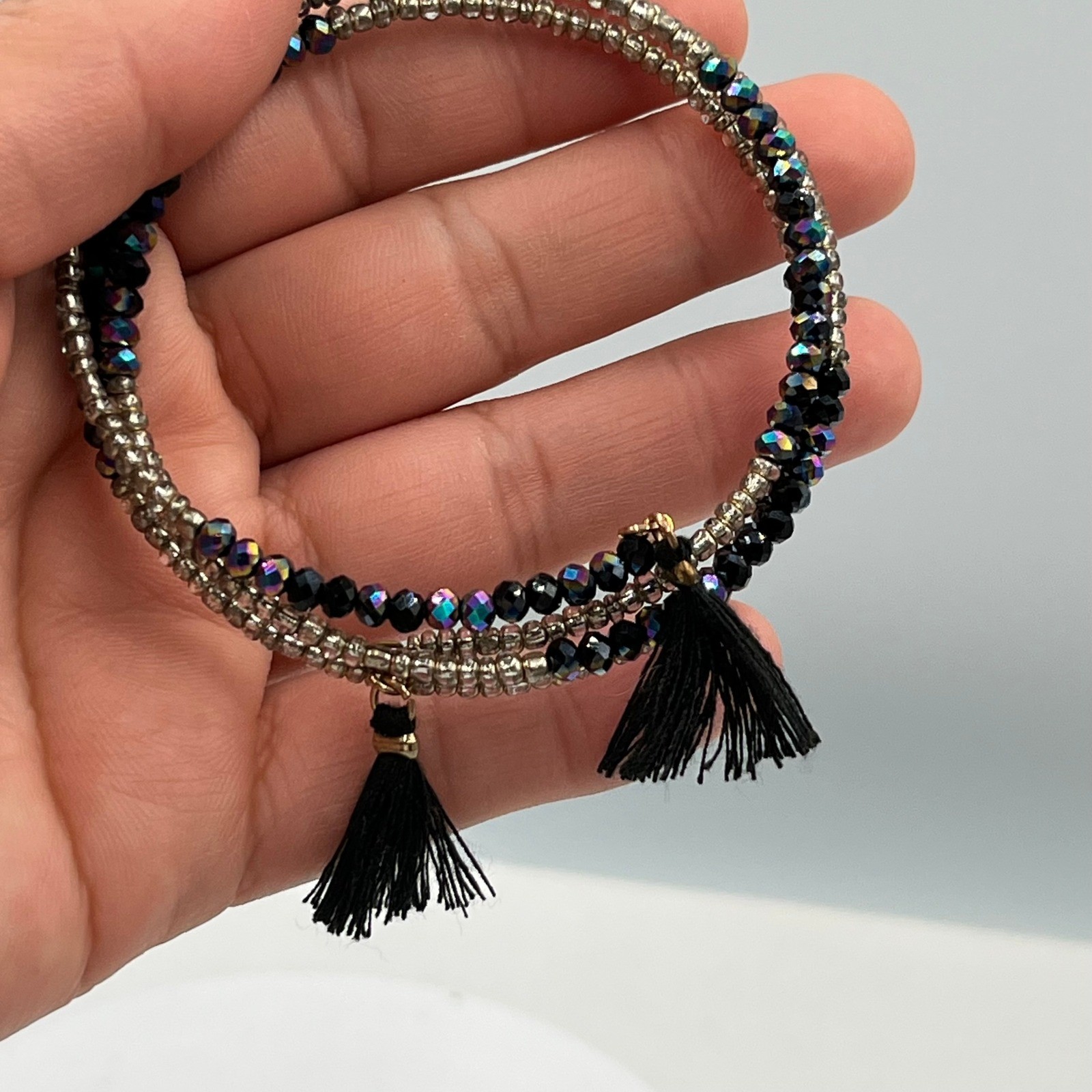 Vintage Black Iridescent Seed Bead Wrap Bracelet Silver Tone Tassel Multi-Strand
