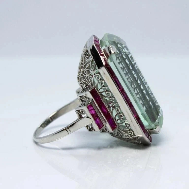 Vintage Art Deco Style 7CT Aquamarine & Ruby Halo Wedding Ring 14K White Gold FN