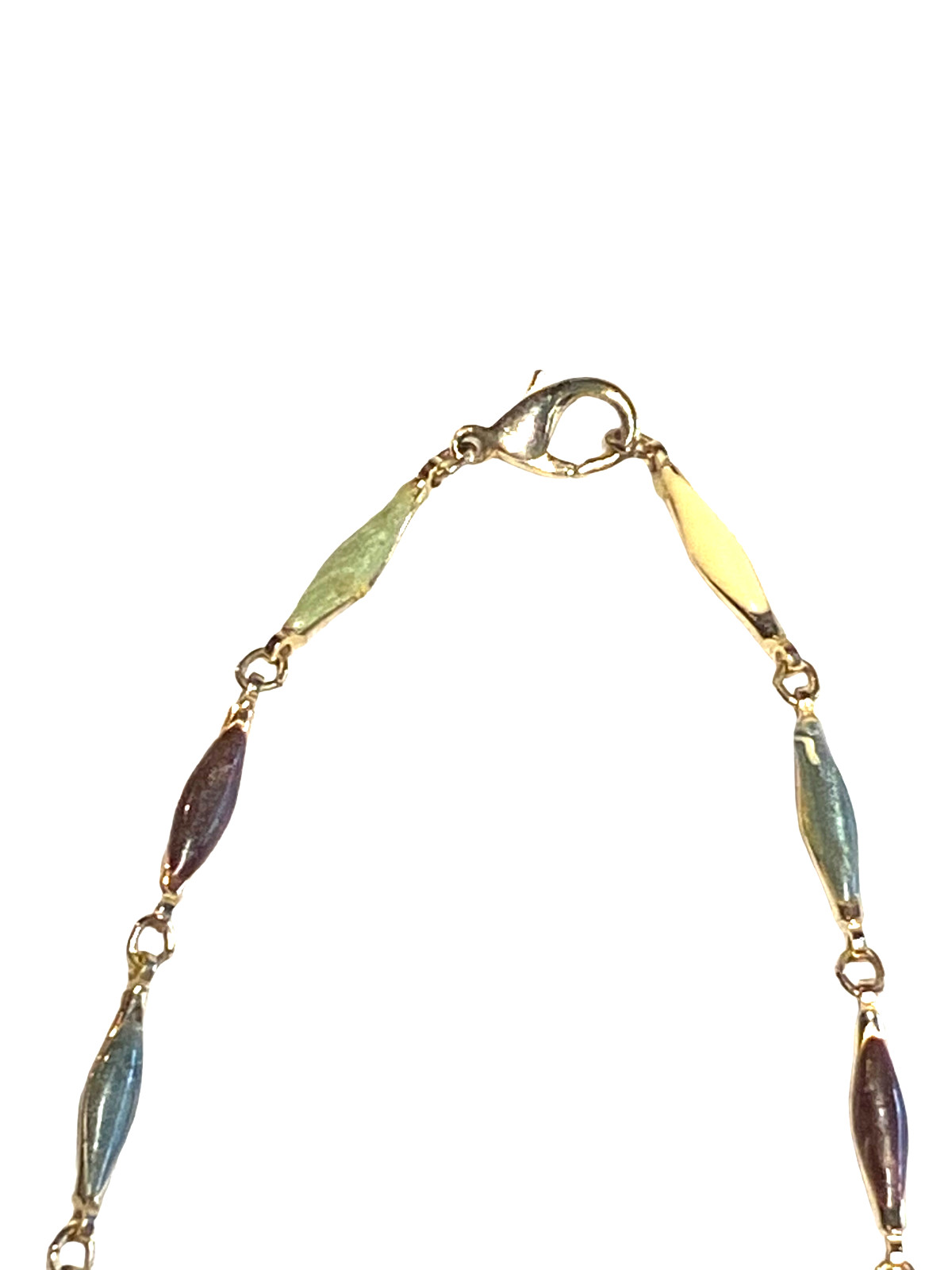Vintage Gold Tone Multicolor Enamel Bar Link Elliptical Faux Pearl Necklace 25″