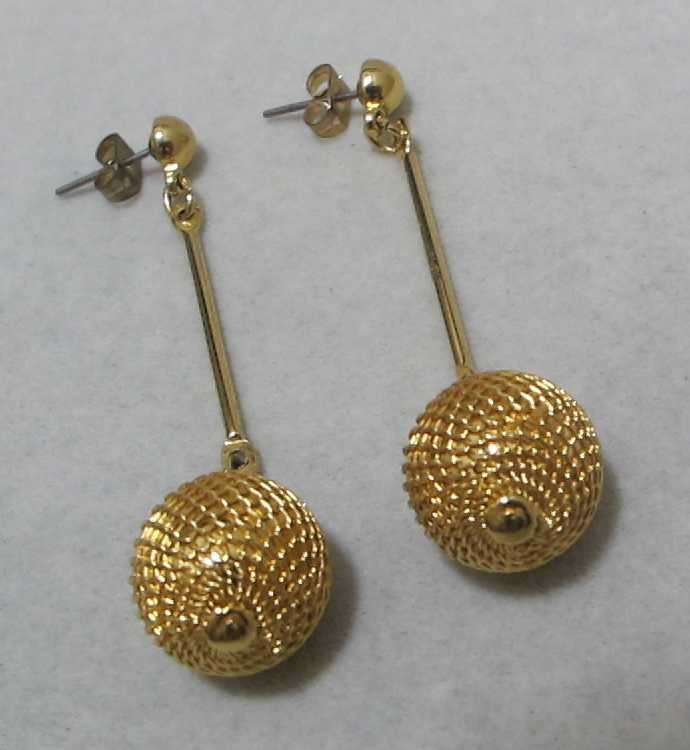 FISHNET Mesh Covered Gold Tone Bead Vertical Bar Dangle Post Earrings 2-3/8”