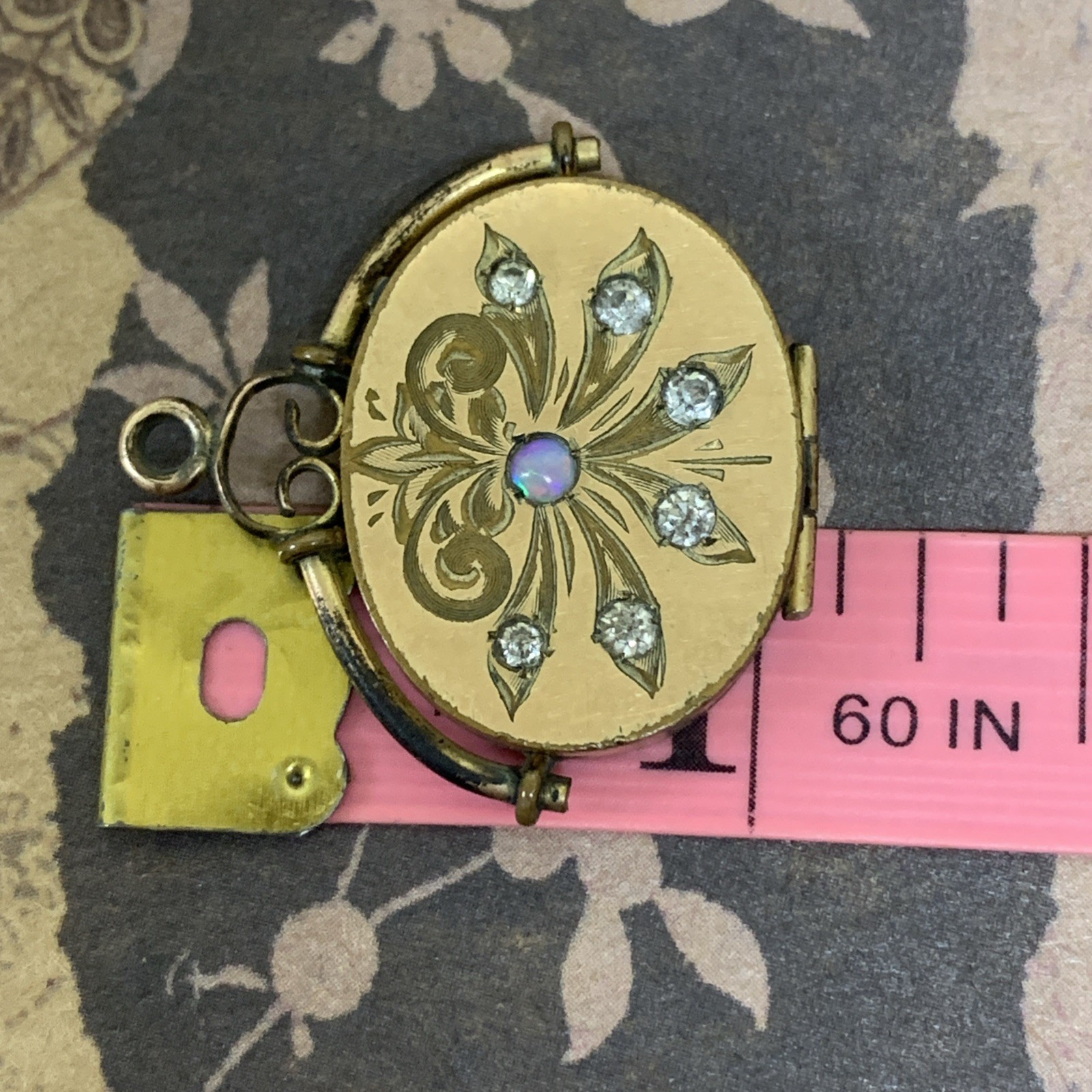 Antique Victorian French Gold Filled Engraved Oval Paste & Opal Locket Pendant