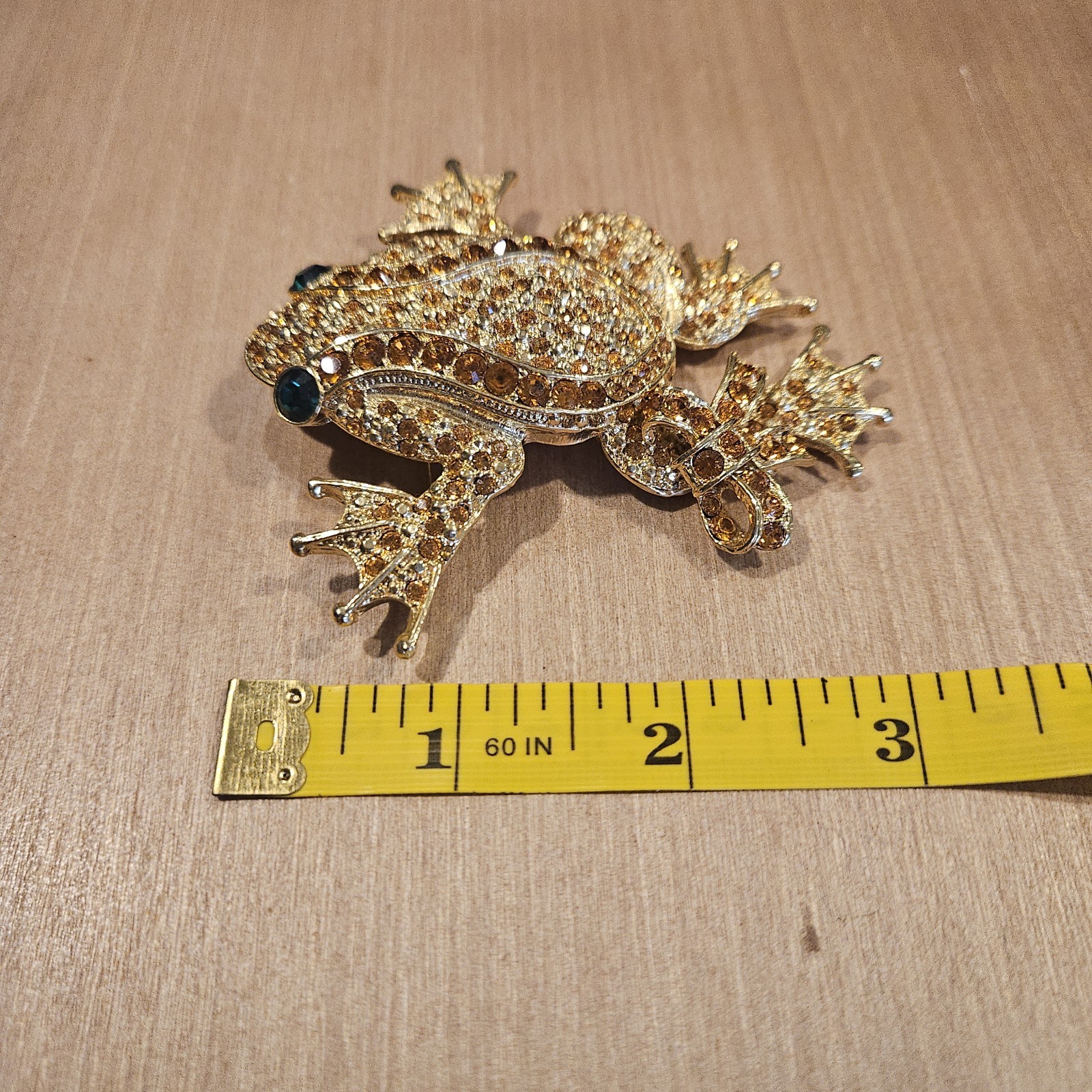 Vintage Large Rhinestone Frog Brooch Gold Tone Amber Crystal 3″ fairycore garden