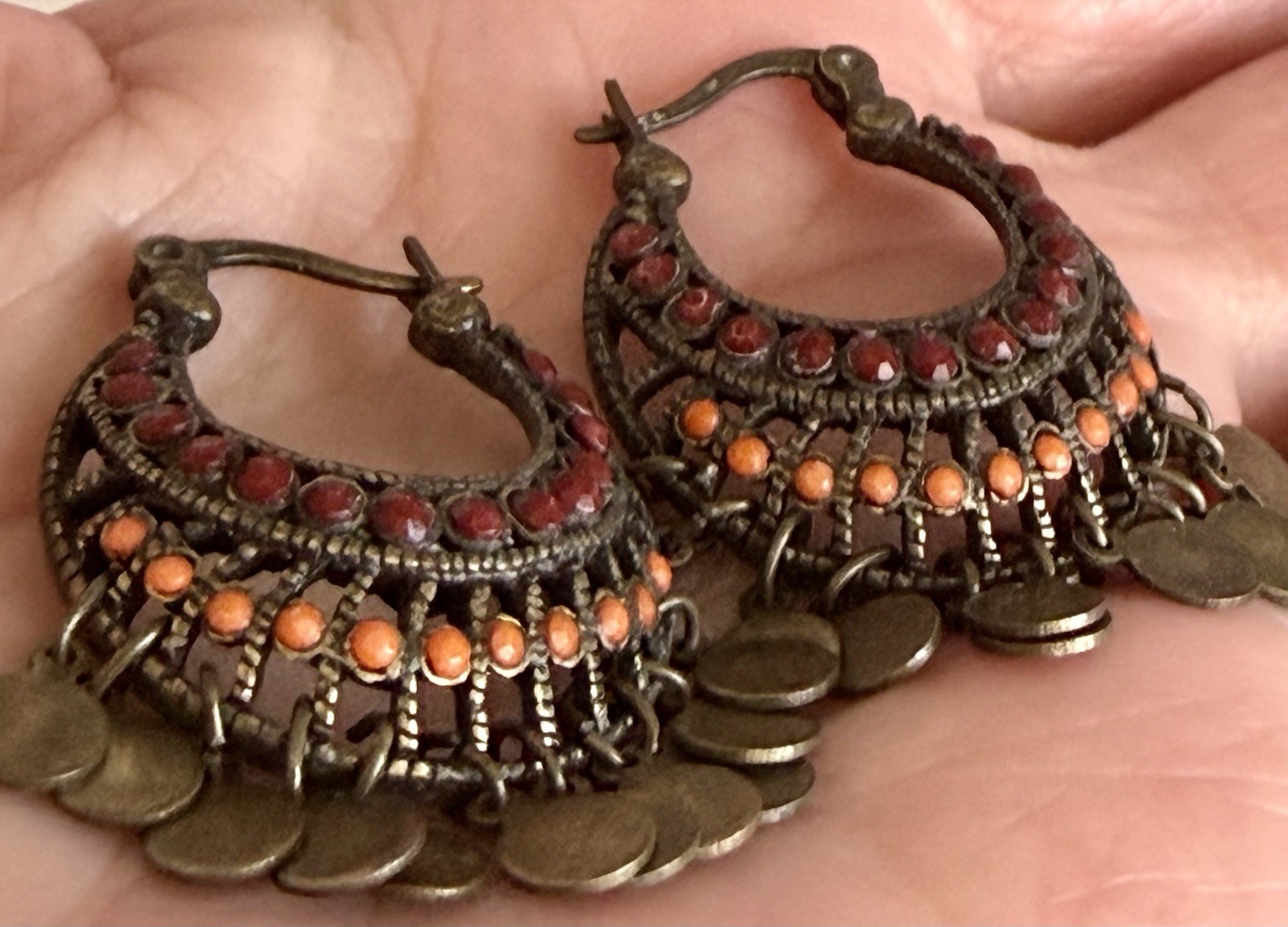 Vintage Gypsy Boho Bronze Hoop Dangle Hanging Pierced Earrings Red Orange Stones
