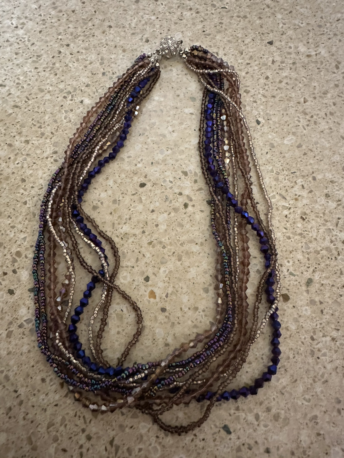 Vintage Necklace 8 Strands With Blue Peacock Purple Beads Magnetic Clasp 18″