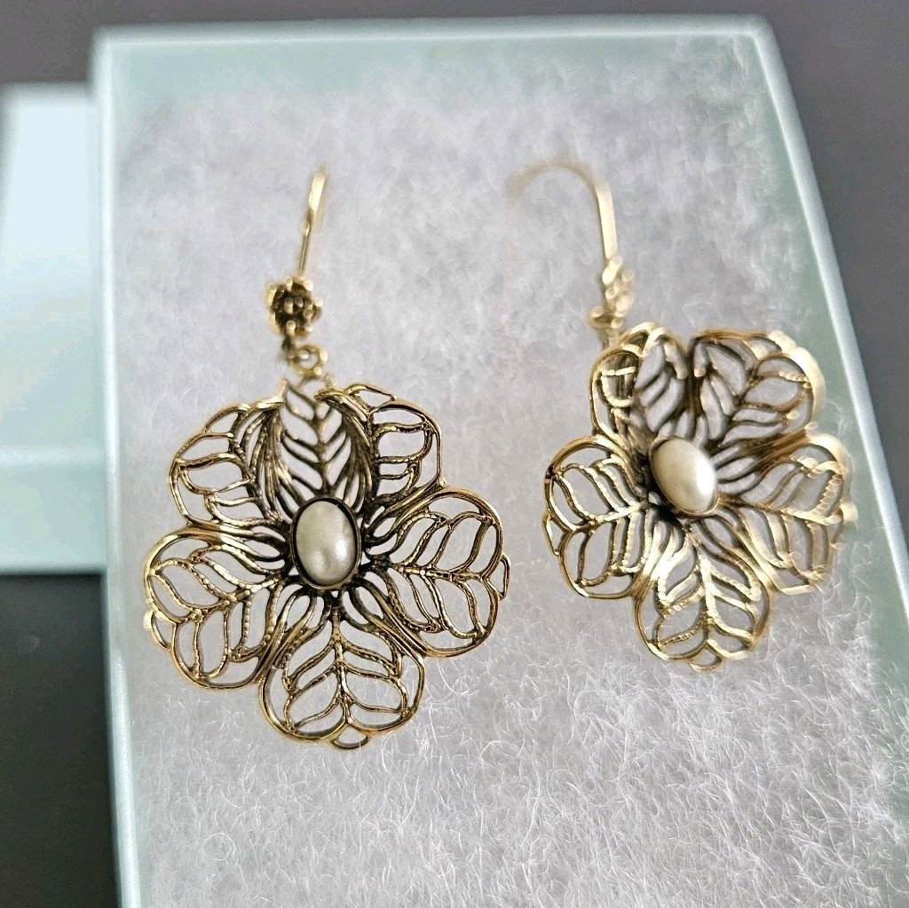 Vintage Gold Tone Filigree Faux Pearl Earrings Dangle Pierced`Hook Bell Flower