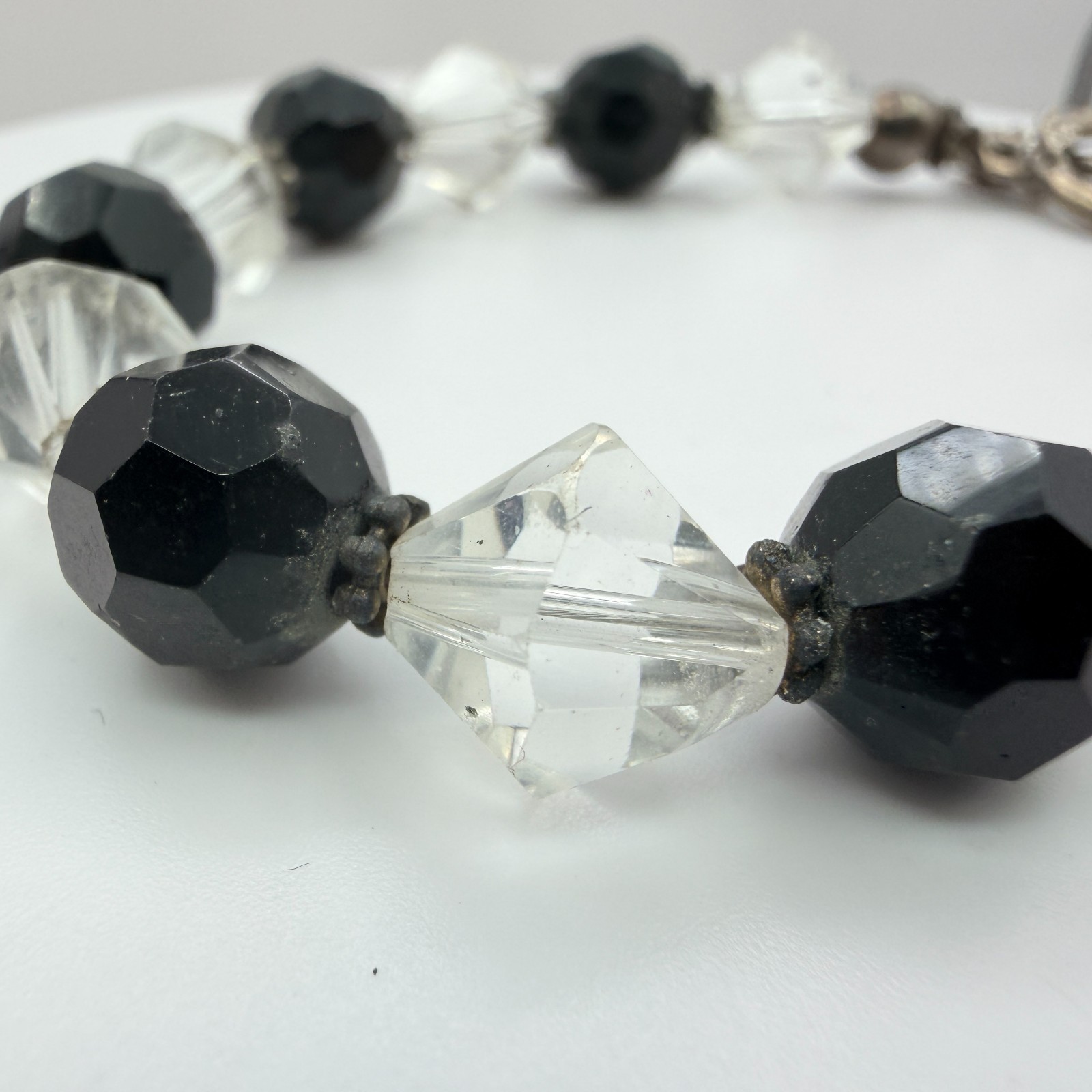 Vintage Black Clear Crystal Bead Necklace Bracelet Dangle Earrings Matching Set