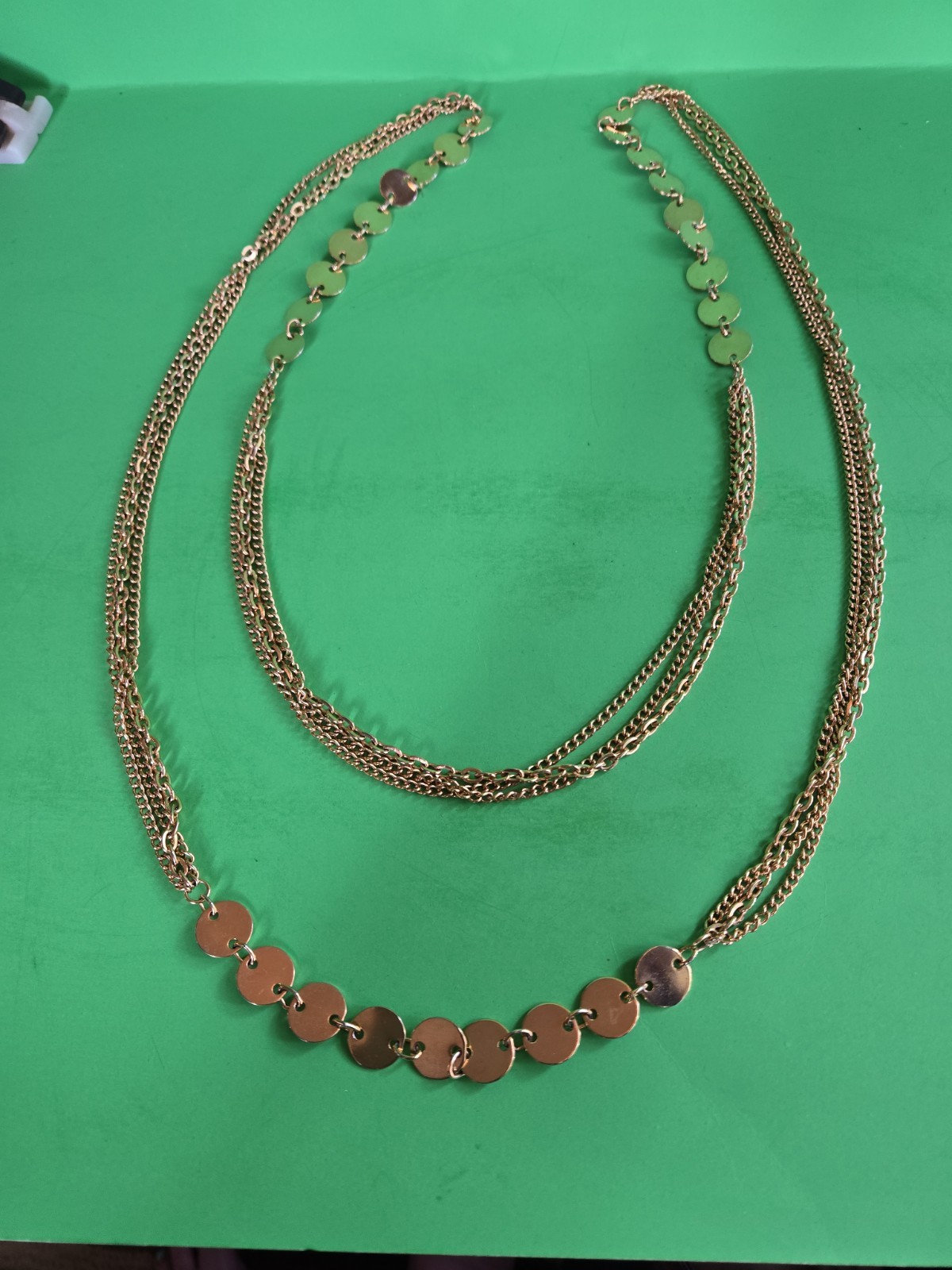 Goldtone Three Strand Long Chain 54″With Round Discs