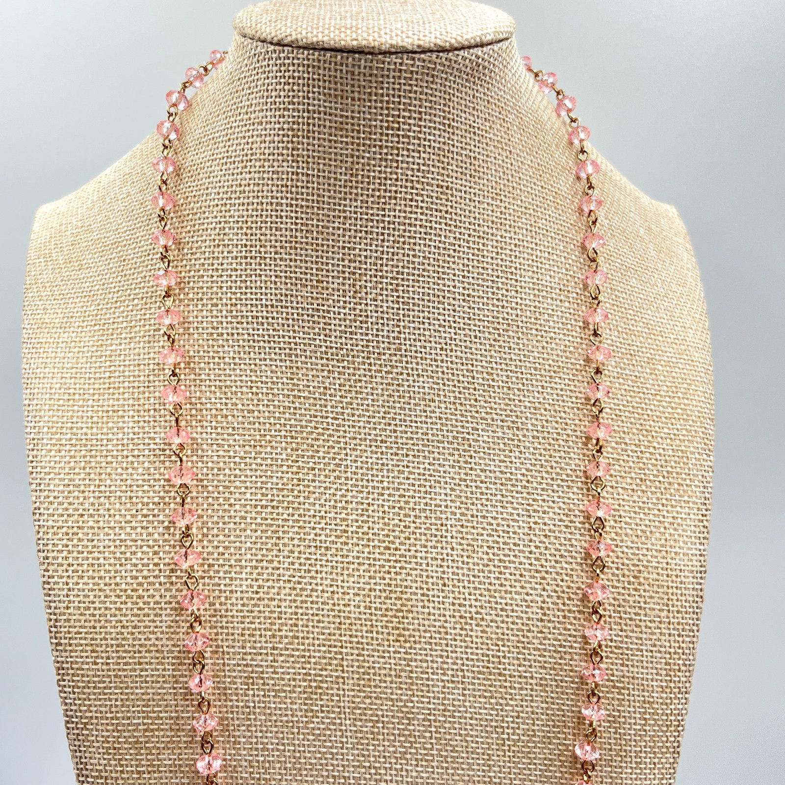 Vintage Y2K Pink Faceted Crystal Beaded Rosary Style Chain Necklace Gold Tone