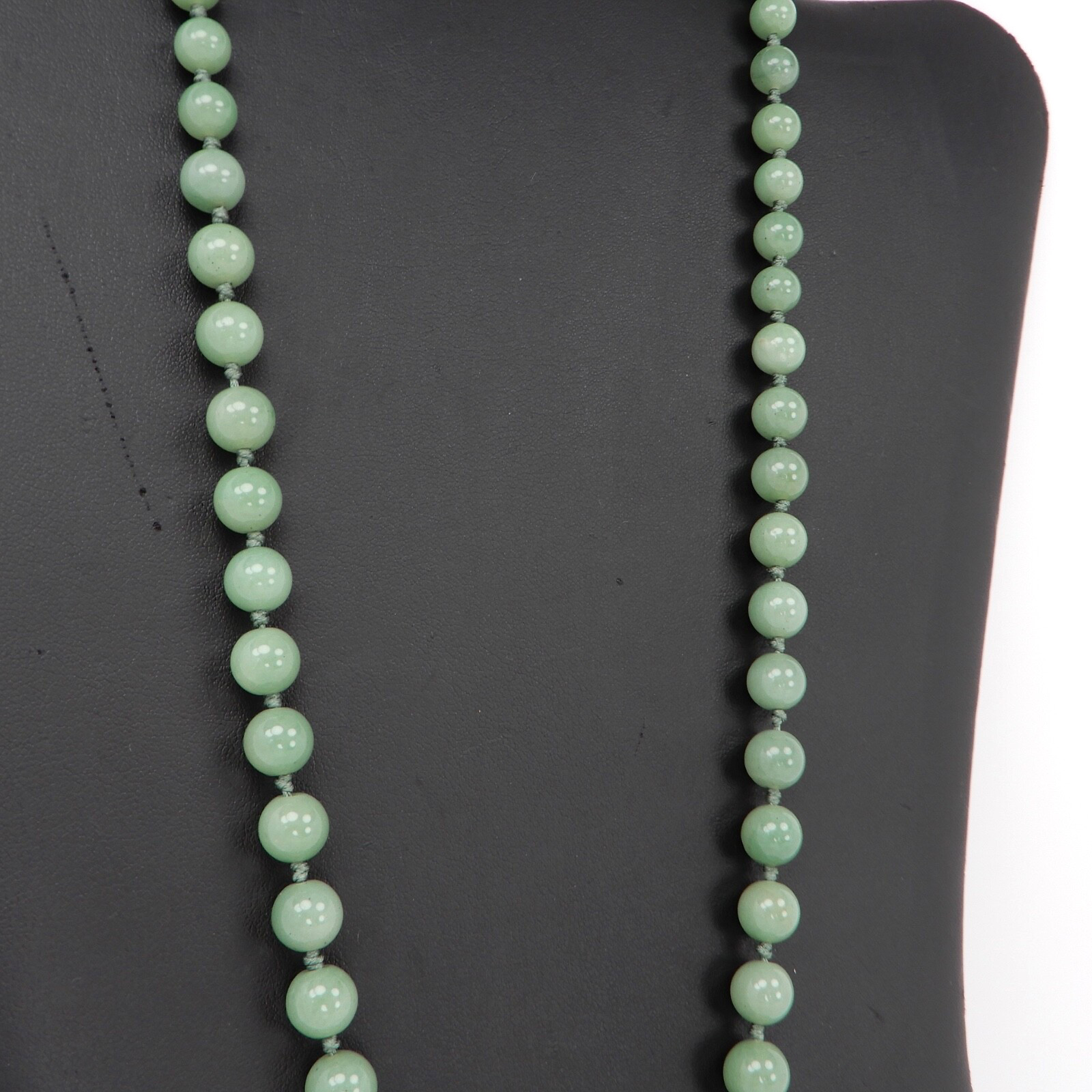 Vintage Green Jade Knotted Graduated Bead Necklace 23” 925 Silver Filigree Clasp