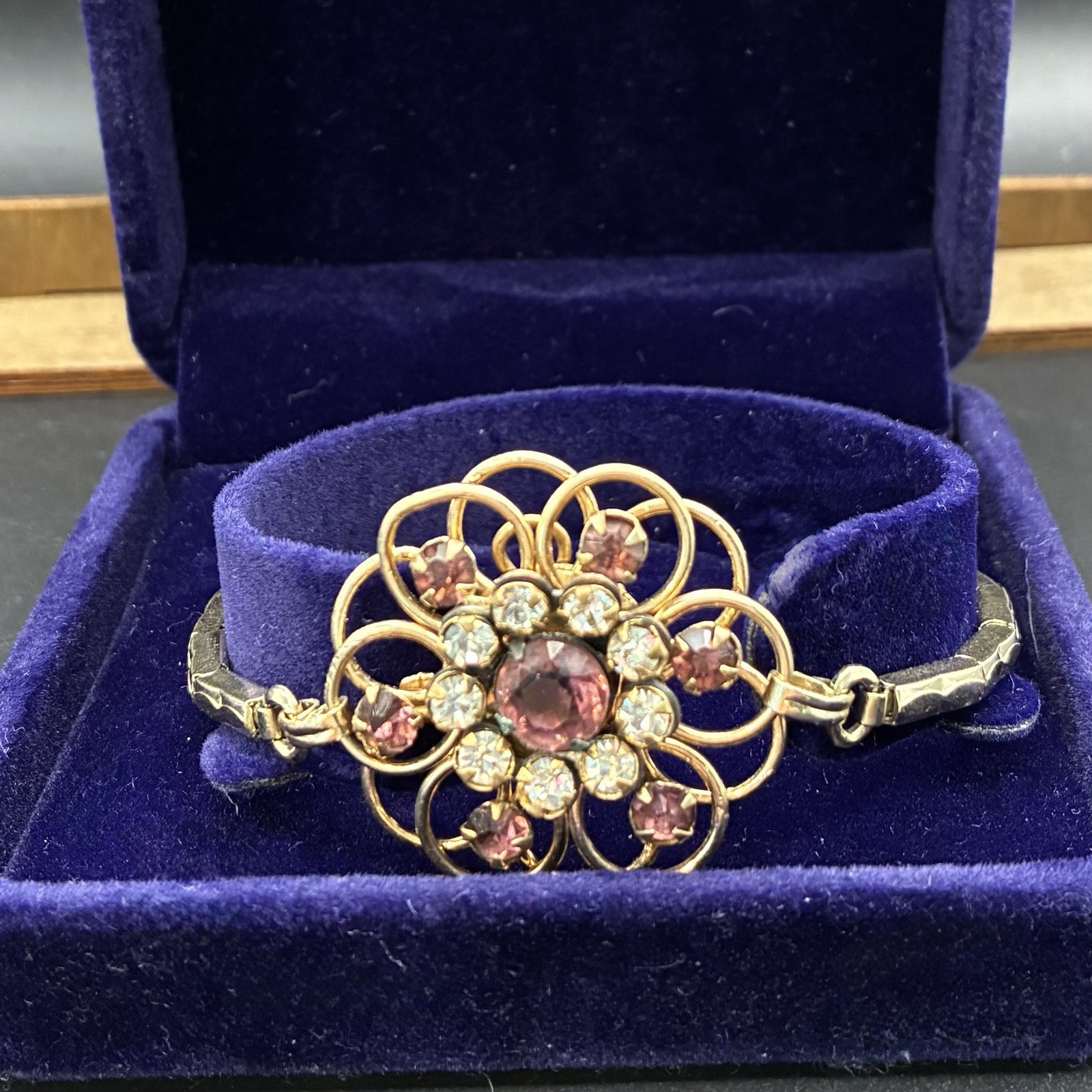 Custom Vintage Yellow Gold Filled Expansion Bracelet, Amethyst Glass, Watch Band