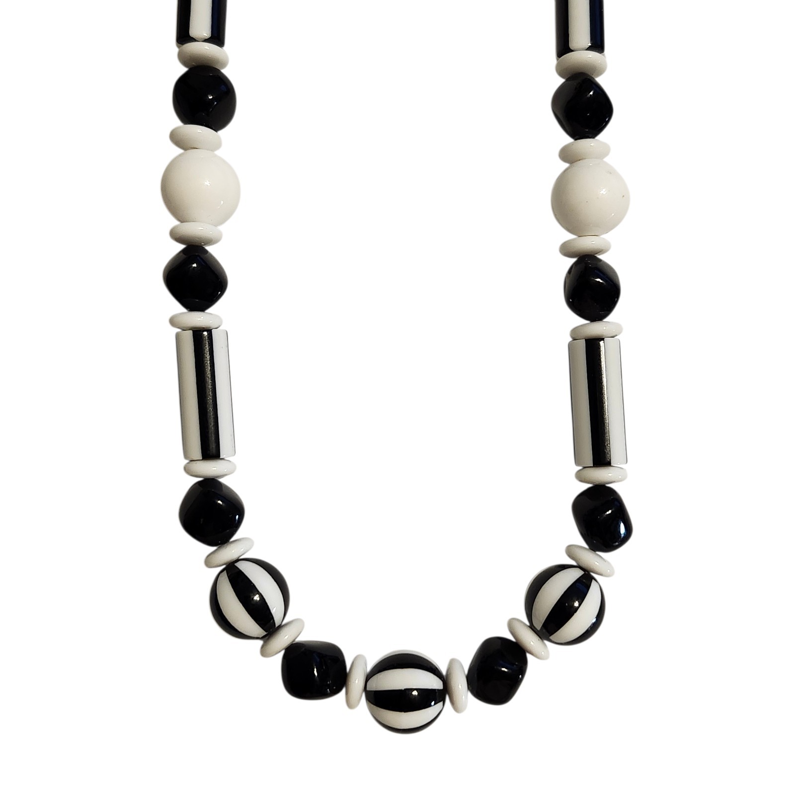 Beaded Black White and Striped Chunky Necklace Classic 1980s Retro 27”