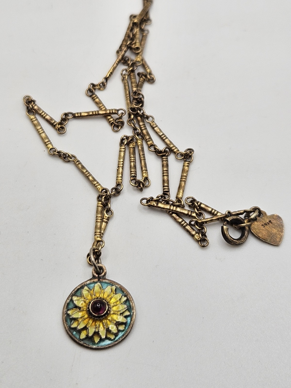 Vintage Sterling Silver Gold Finish Enamel Sunflower Garnet Pendant Necklace 20″