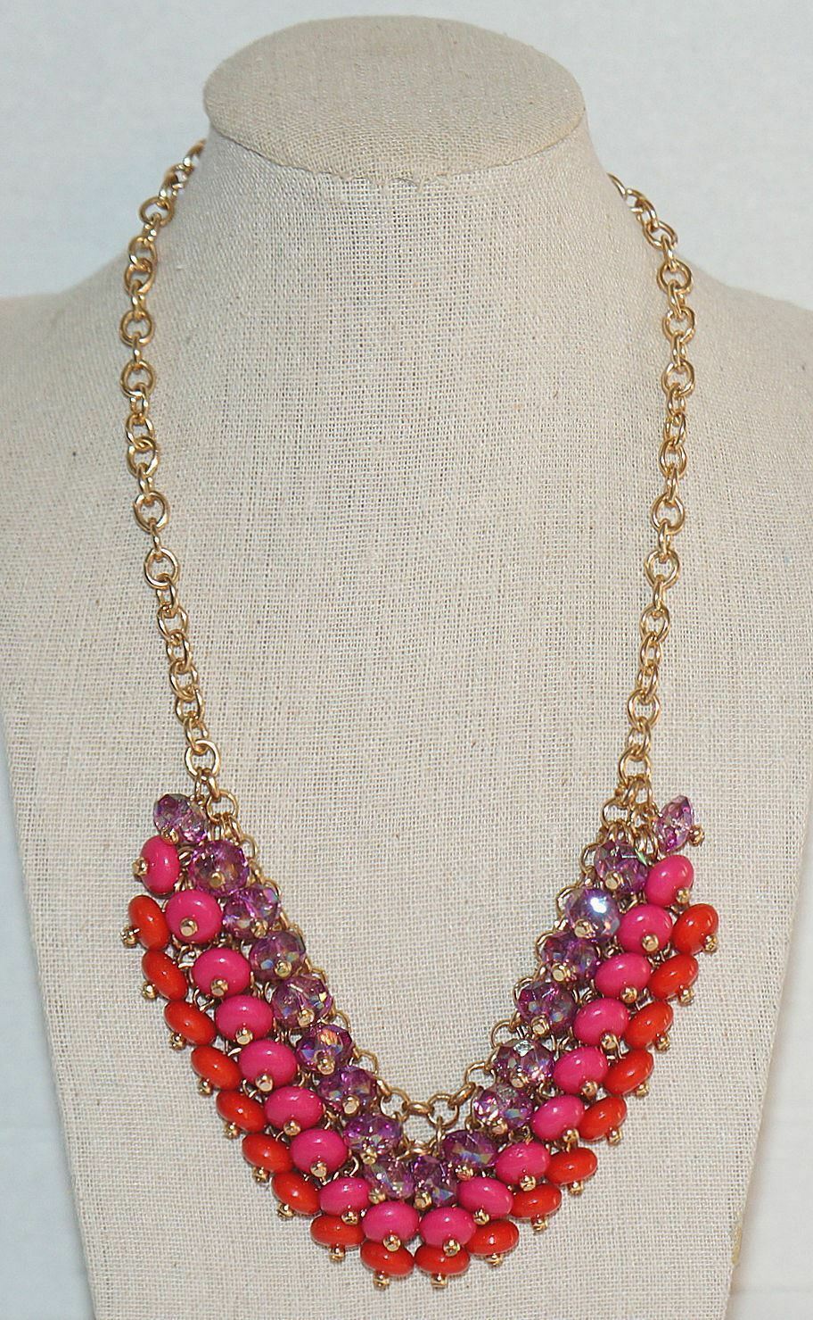 Iridescent Purple Pink Red Plastic Bead Choker Bib Necklace Gold Tone