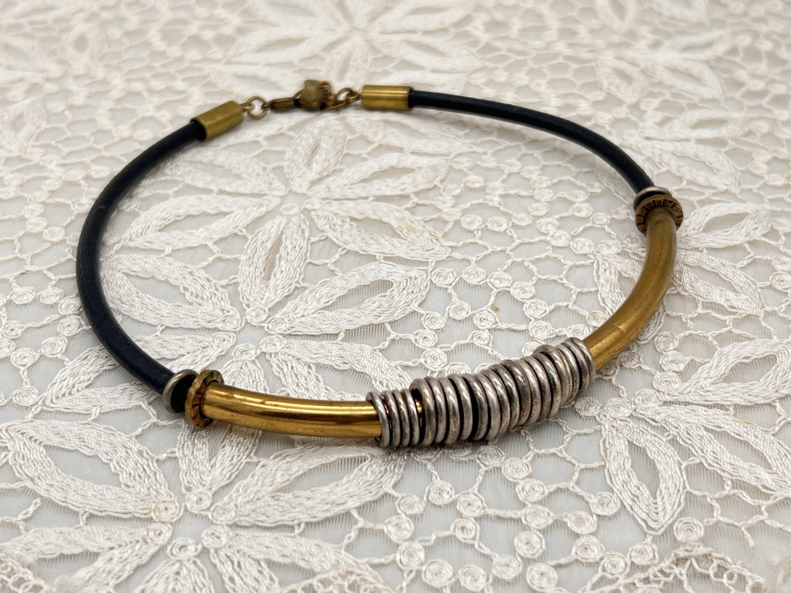 VTG Baer SF Necklace Leather Cord Gold Silver Tone Modernist Statement Jewelry