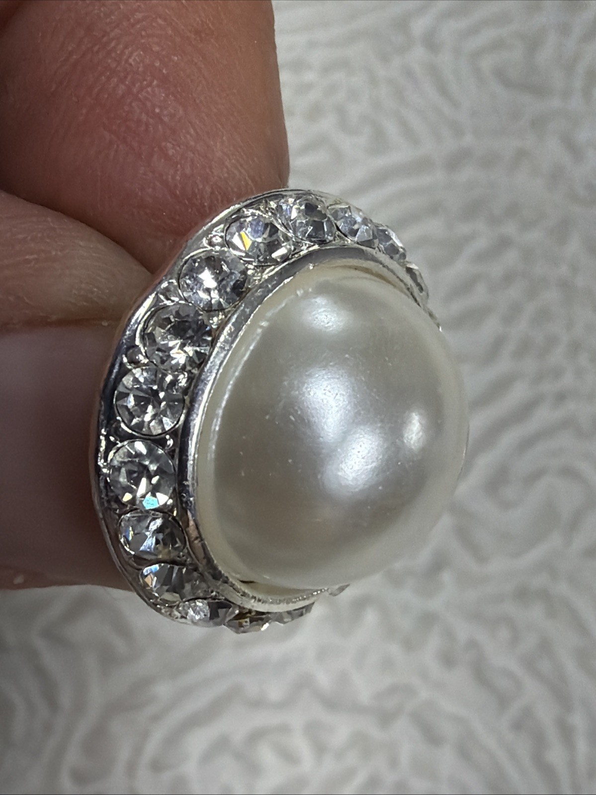 Vintage Large Dome Faux-Pearl Cabochon Encircled by a Halo of Clear Rhinestones