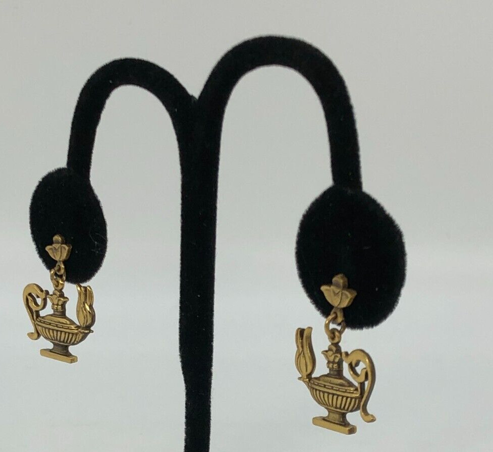 Vintage Alva Museum Replica Genie Lamp Gold Tone Pierced Earrings Dangle Kitsch