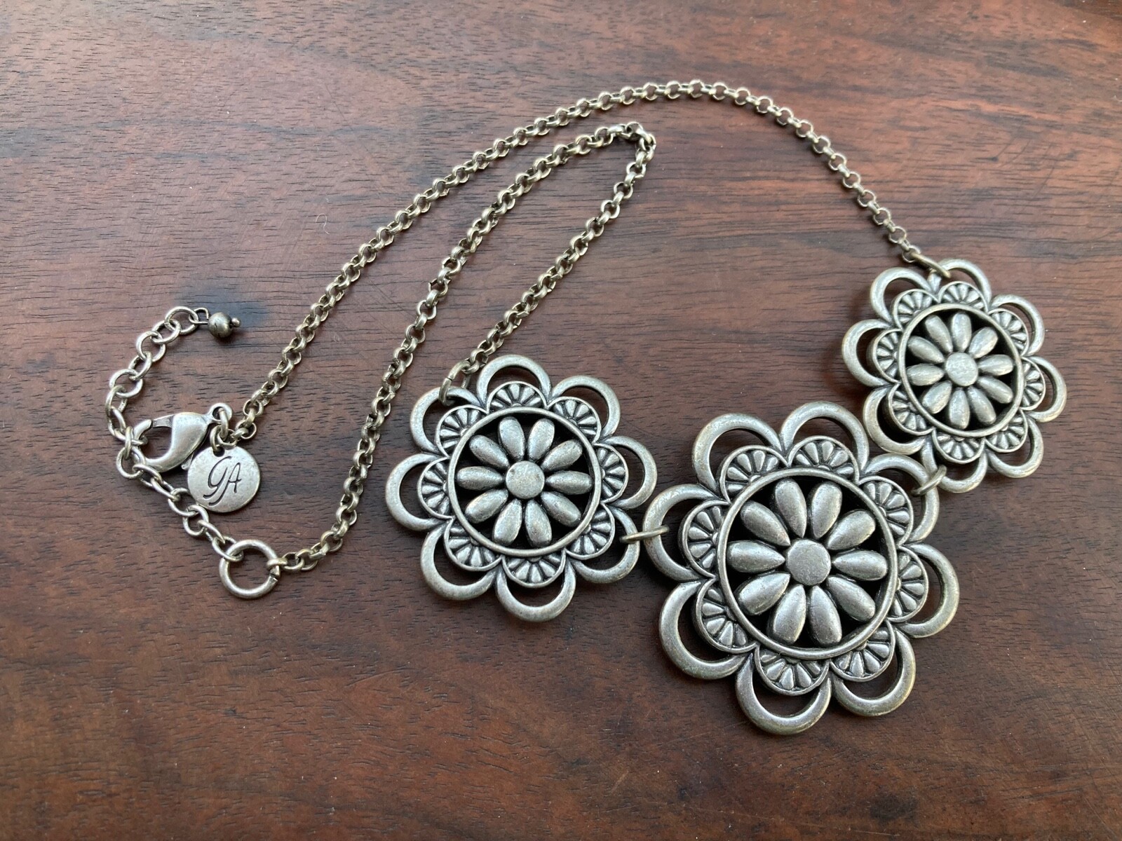 Silver Metal & CZ Statement Collar Flower Necklace Signed ‘GA’ 18-20″