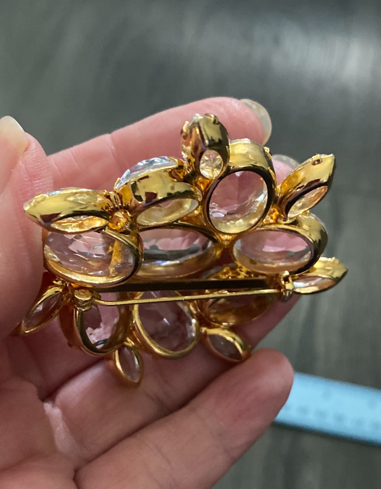 VTG Large Clear Rhinestone Cluster Brooch Gold Tone Domed Prong Set Mid Century