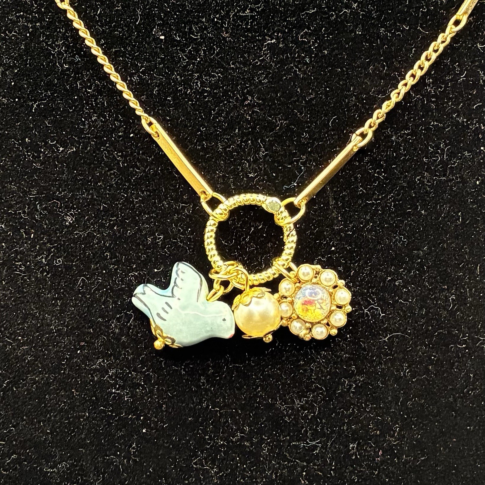Dainty Vintage Charm Trio, Vtg Gold Plated Chain Necklace, Faux Opal, Bird +