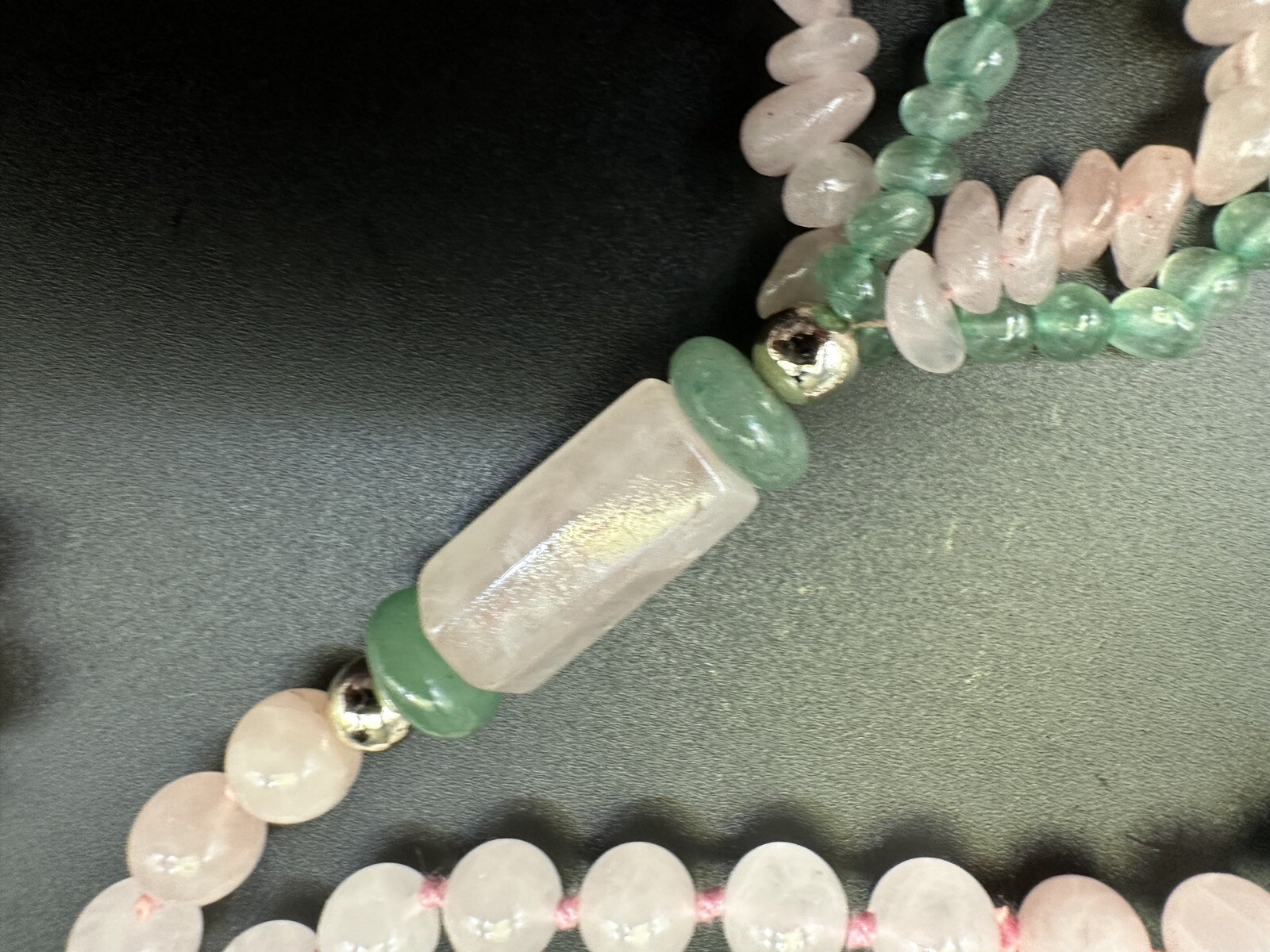 Vintage Chinese Export Multistrand Pink Rose Quartz Green Jade Necklace Stunning