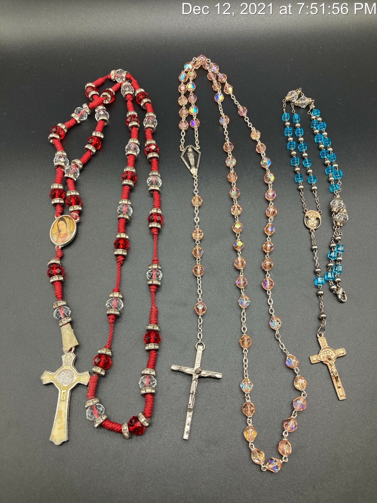 3 Vintage Faceted Czech Glass Bead Rosary Red Blue Pink LOT *Damaged* SOLD AS IS