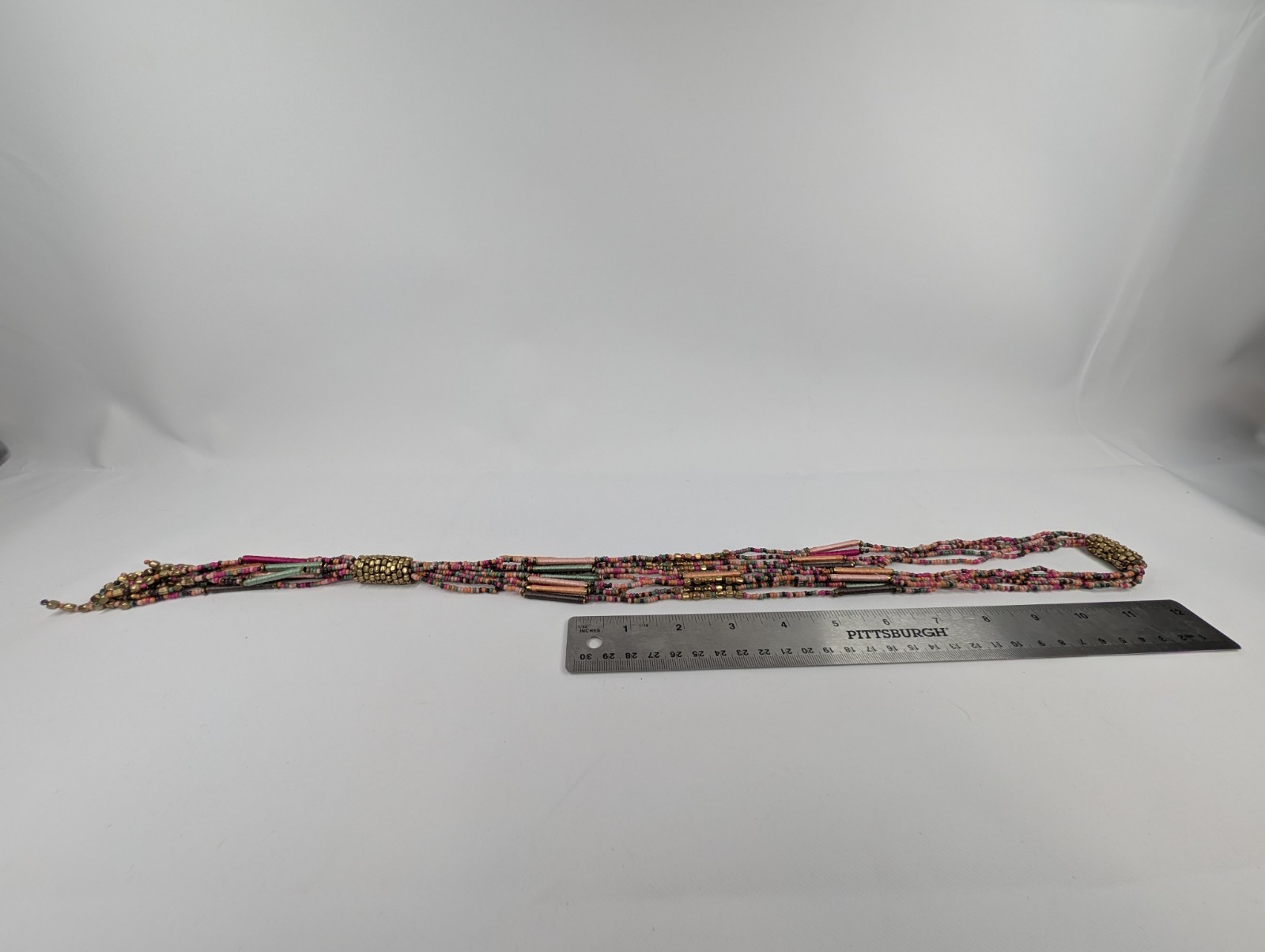 Vintage Indian Artisan Multi Strand Seed Bead Tassel Lariat Necklace Thread Wrap