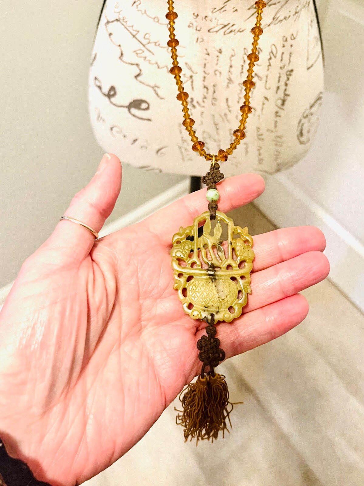 Vintage MCM Jade Pendant Necklace With Amber Glass Beads & Silk Tassel, STUNNING