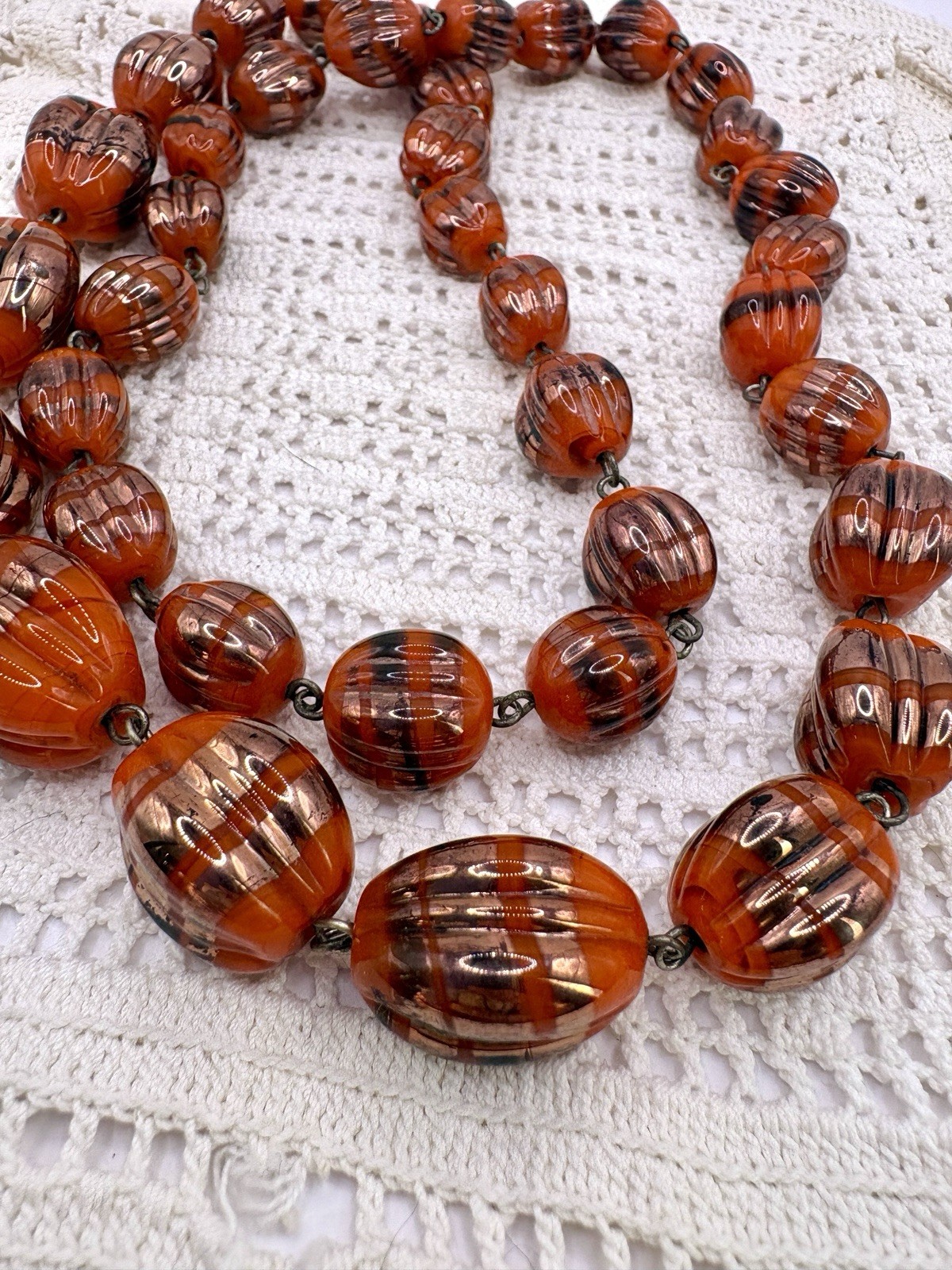 Vintage Czech Melon Foil Glass Graduated Necklace Lampwork Pumpkin 28”