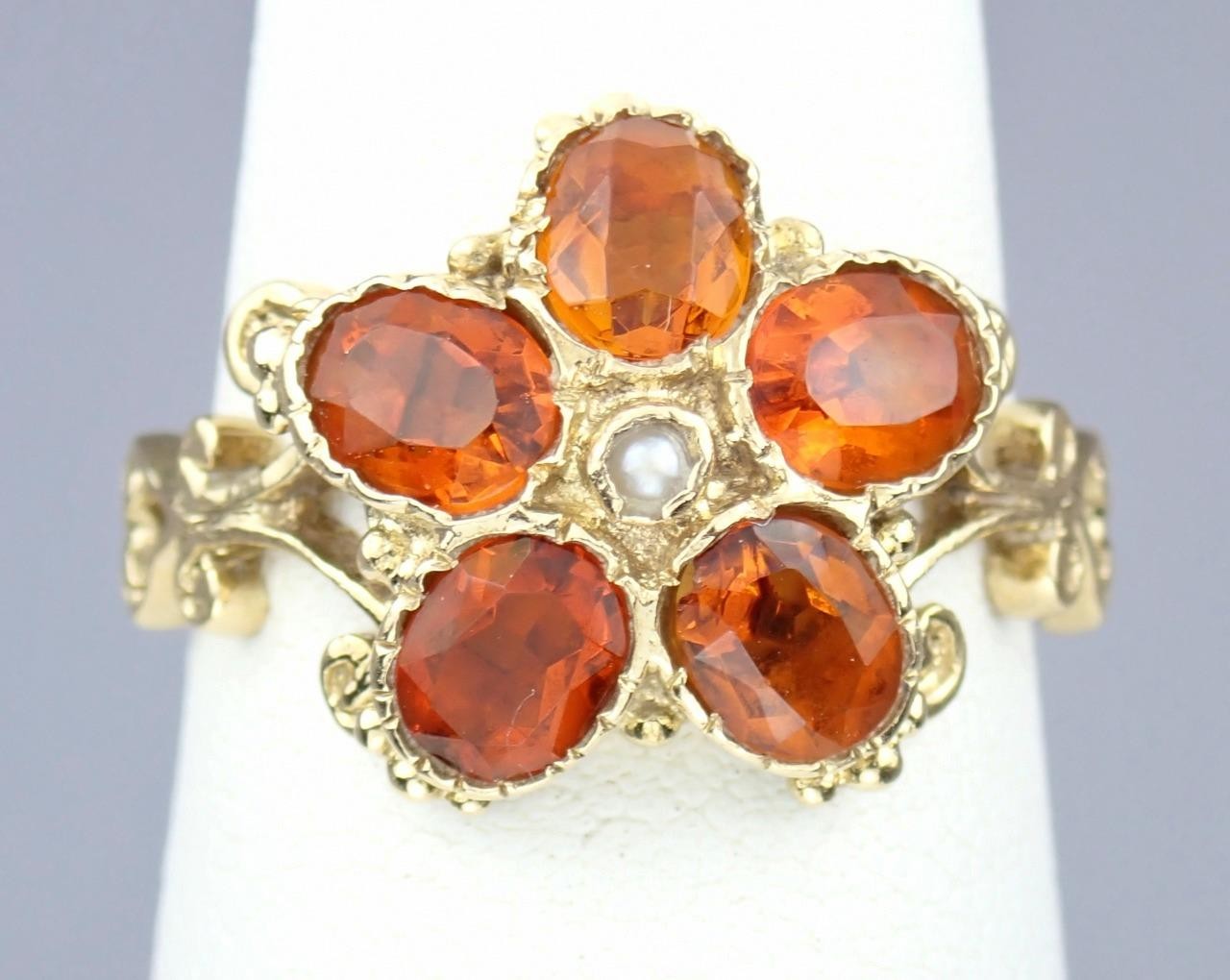 Pretty Vintage Solid 9K Gold Madeira Citrine Pearl Floral Scroll Ring 1971 7.25