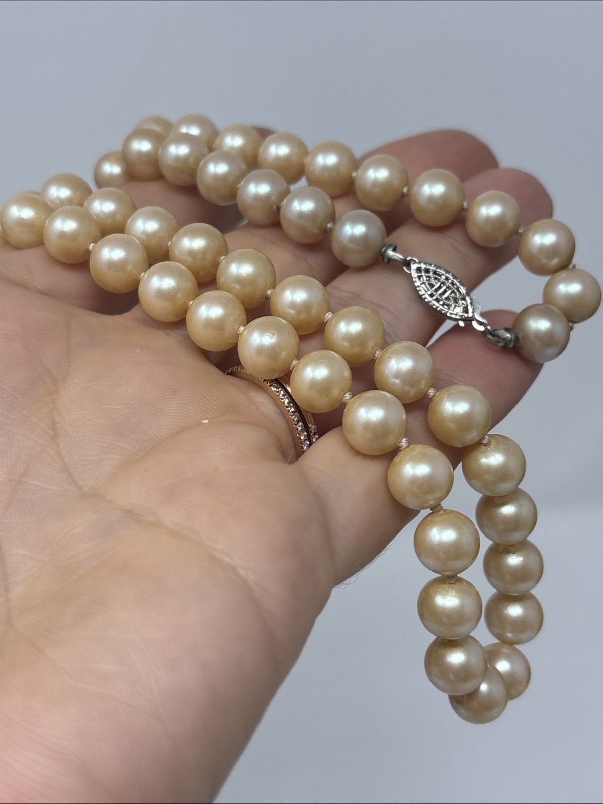 Vintage Art Deco Faux Pearl Necklace Sterling Filigree Fish Hook Clasp